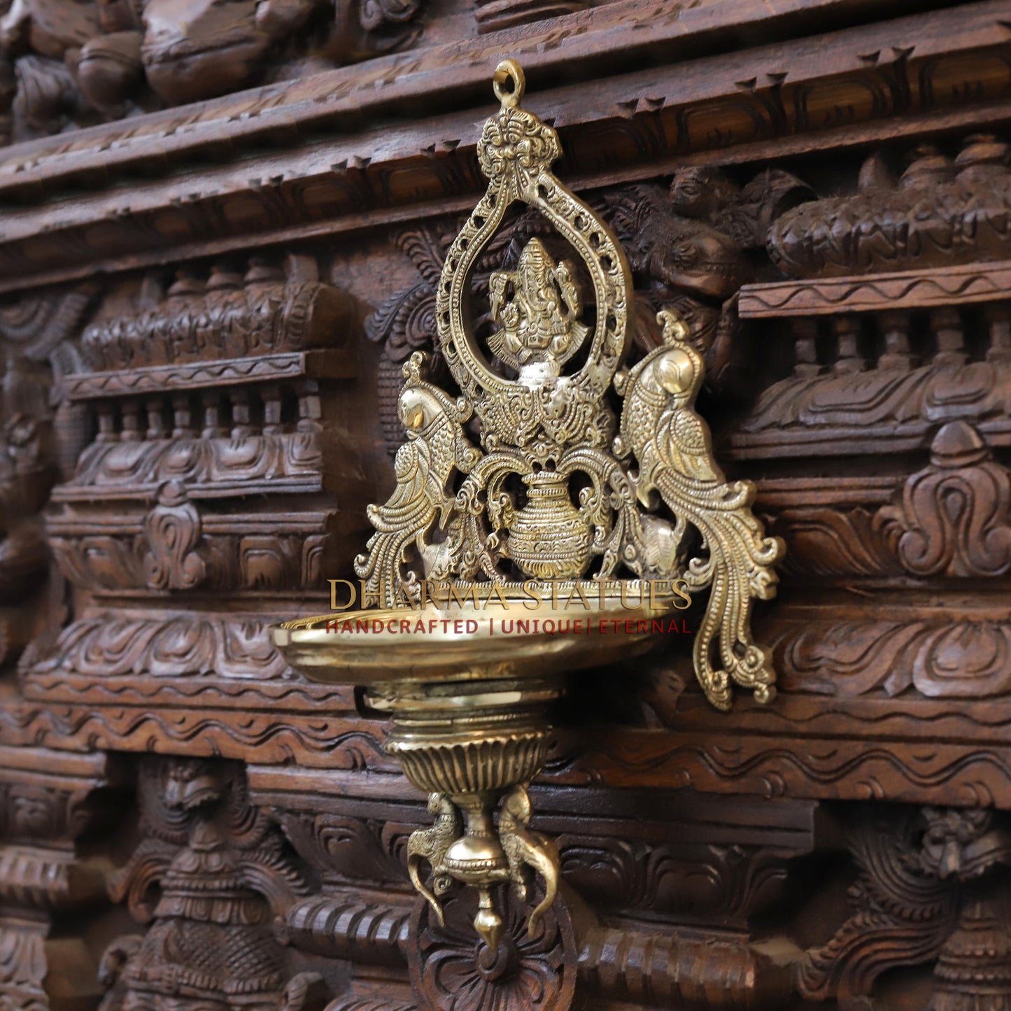 Brass Ganesh Diya Stand, with Peacock, Fine Gold Finish, 15"