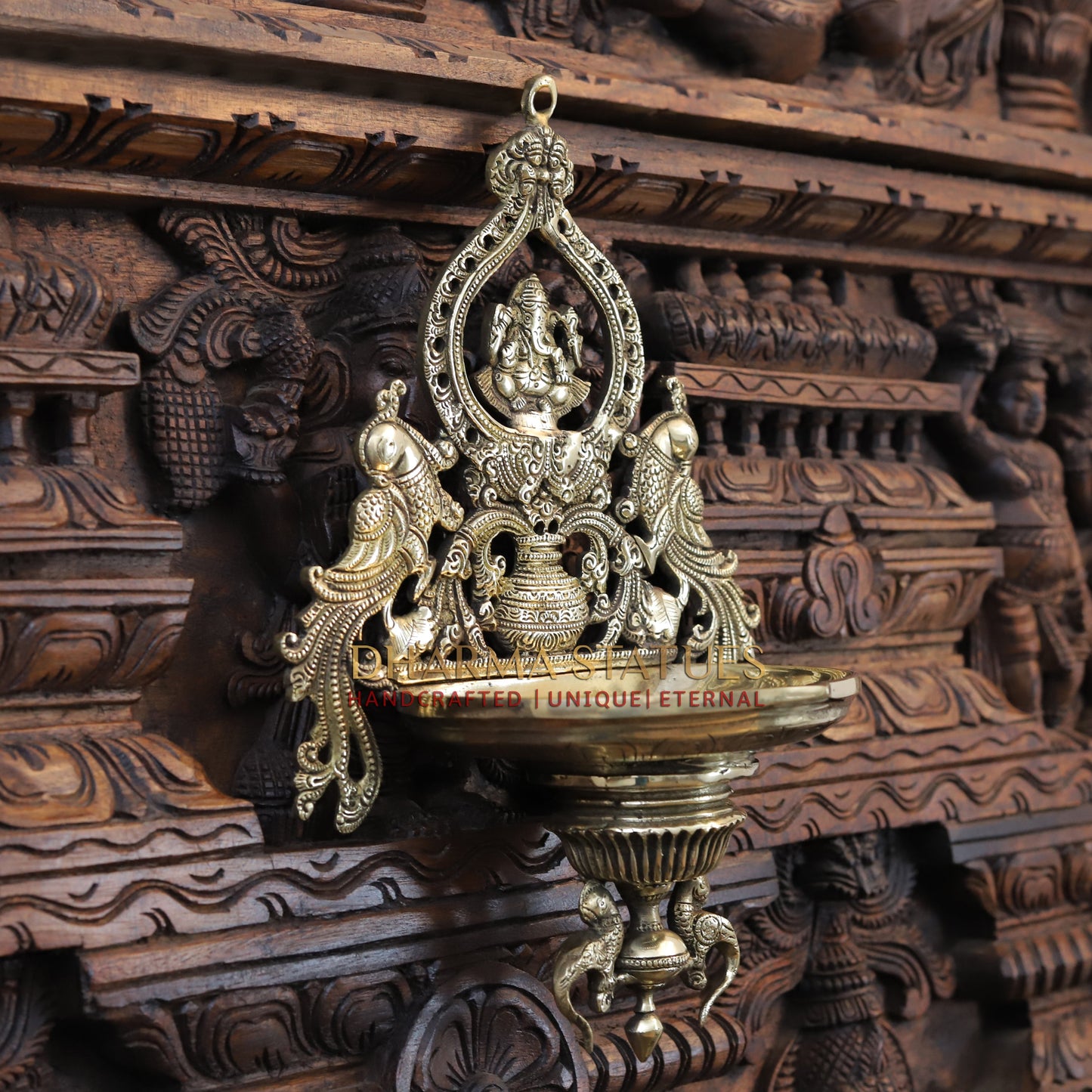 Brass Ganesh Diya Stand, with Peacock, Fine Gold Finish, 15"