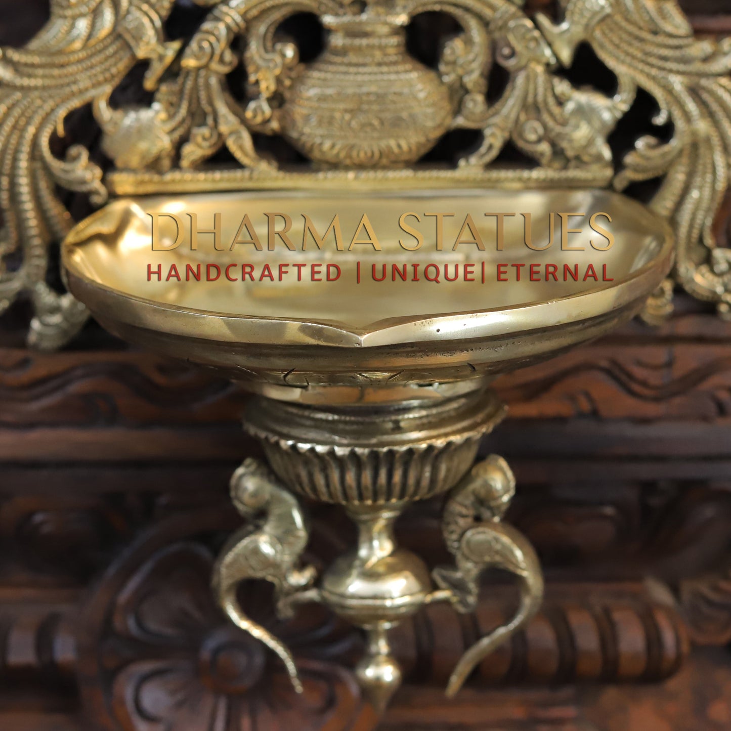 Brass Ganesh Diya Stand, with Peacock, Fine Gold Finish, 15"
