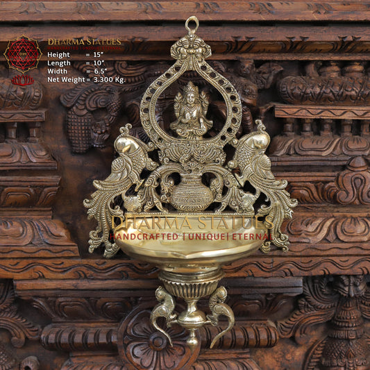 Brass Lakshmi Diya Stand, with Peacock, Fine Gold Finish, 15"