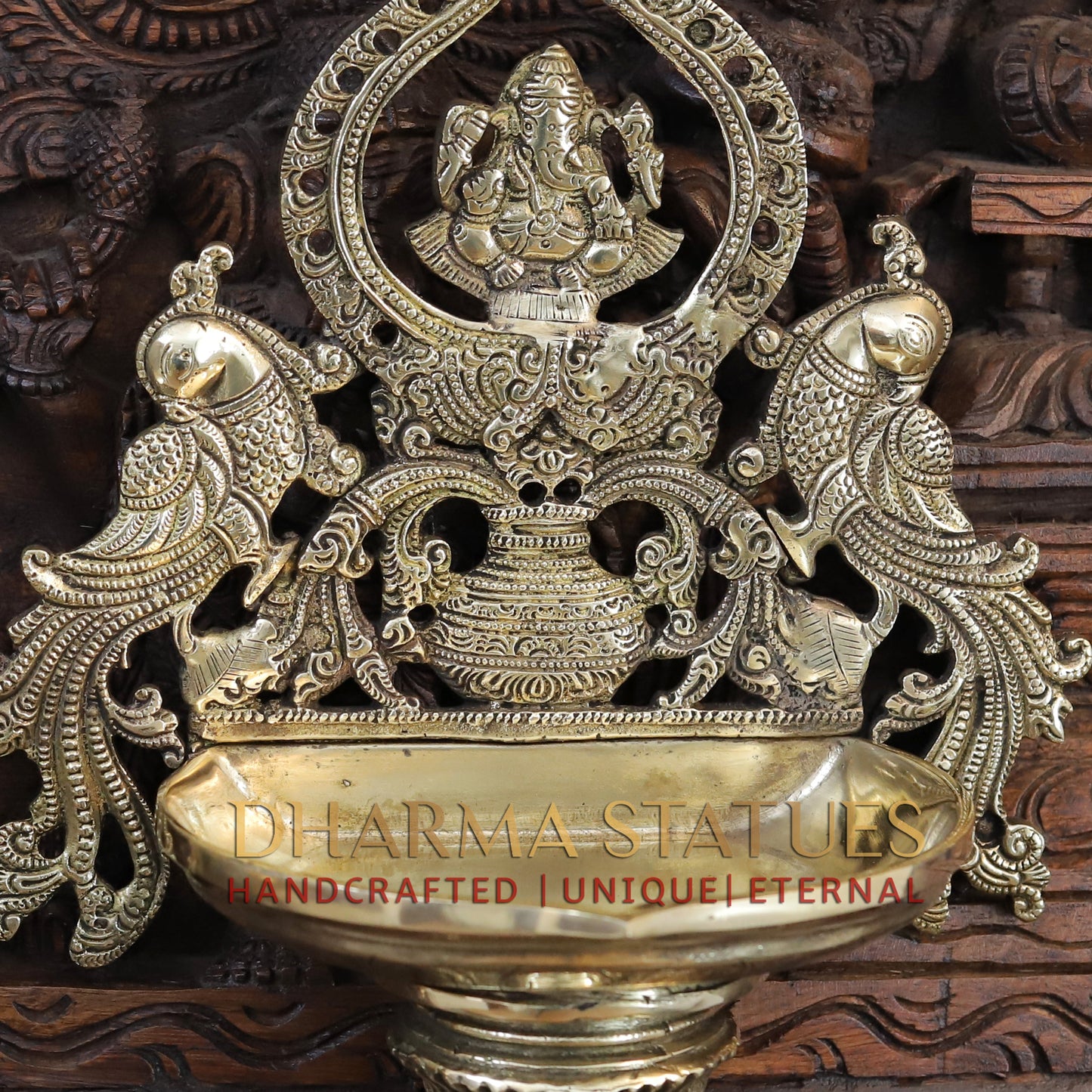 Brass Lakshmi Diya Stand, with Peacock, Fine Gold Finish, 15"