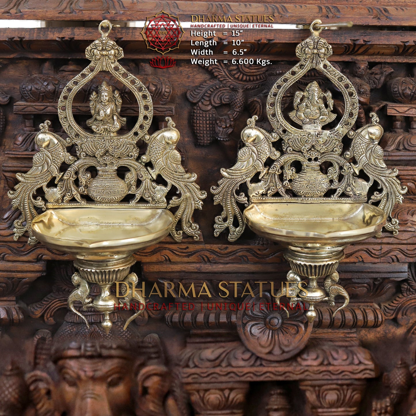 Brass Lakshmi Diya Stand, with Peacock, Fine Gold Finish, 15"