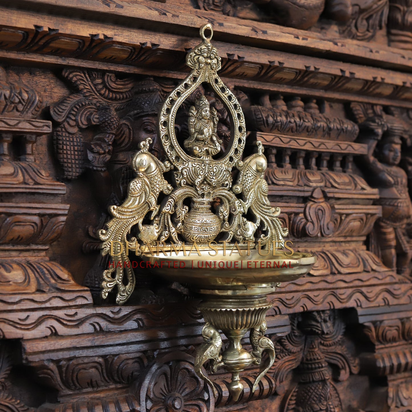 Brass Lakshmi Diya Stand, with Peacock, Fine Gold Finish, 15"