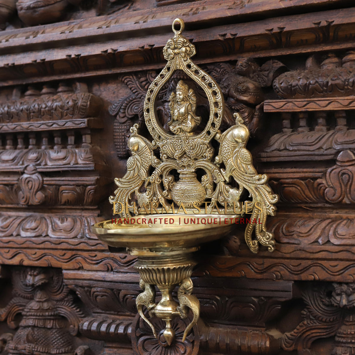 Brass Lakshmi Diya Stand, with Peacock, Fine Gold Finish, 15"