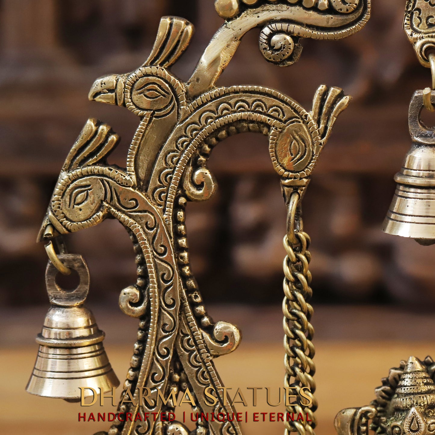 Brass Ganesh on Swing, Blessing Posture, Golden & Stonework, 13"