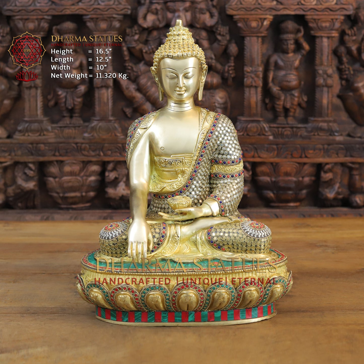 Brass Buddha seated in Bhumisparsha Mudra, Golden & Stonework, 16.5"