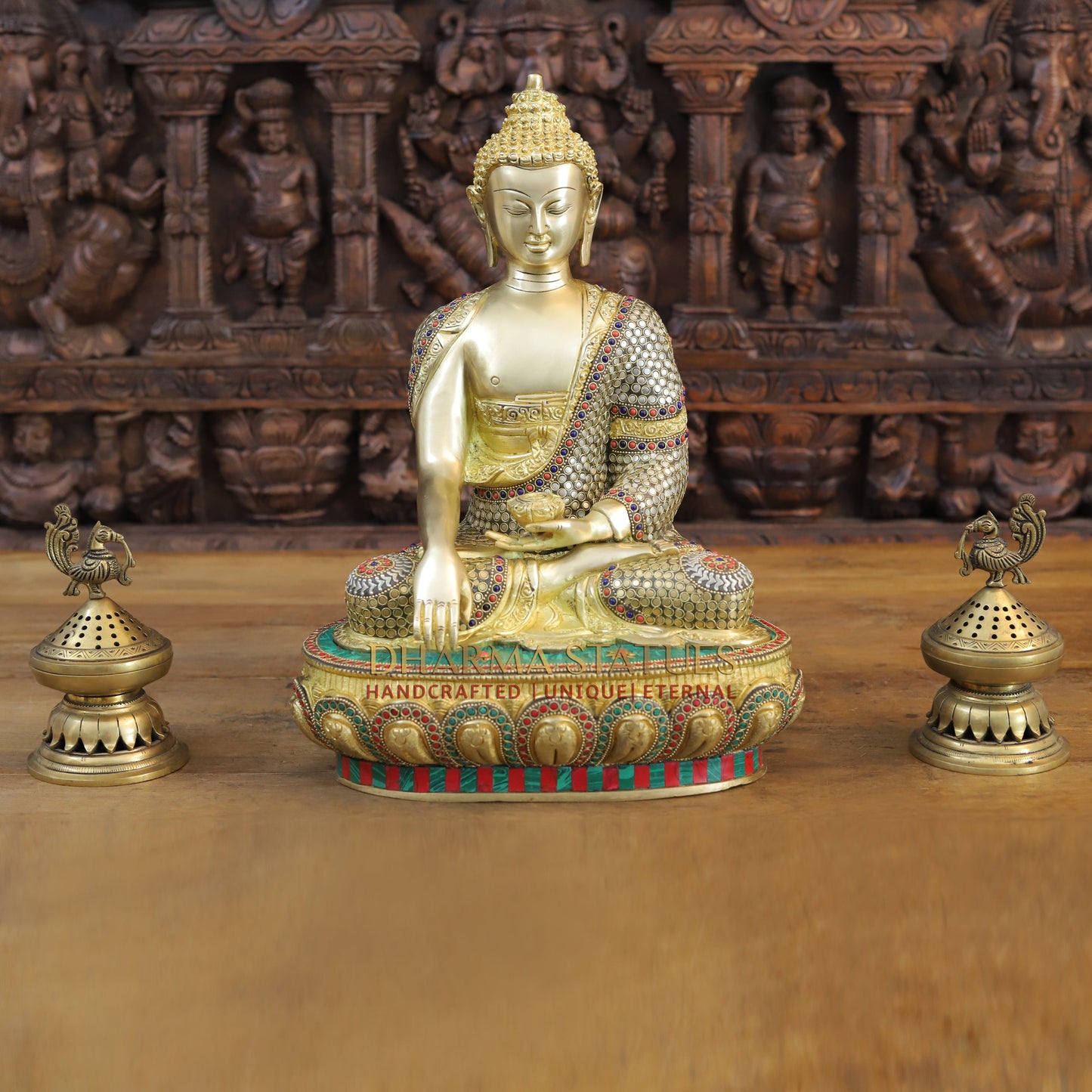 Brass Buddha seated in Bhumisparsha Mudra, Golden & Stonework, 16.5"
