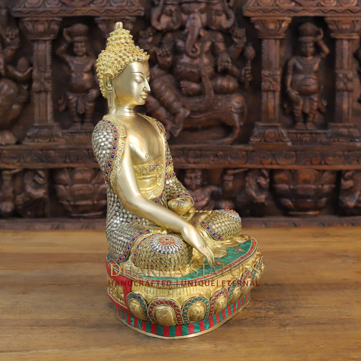 Brass Buddha seated in Bhumisparsha Mudra, Golden & Stonework, 16.5"