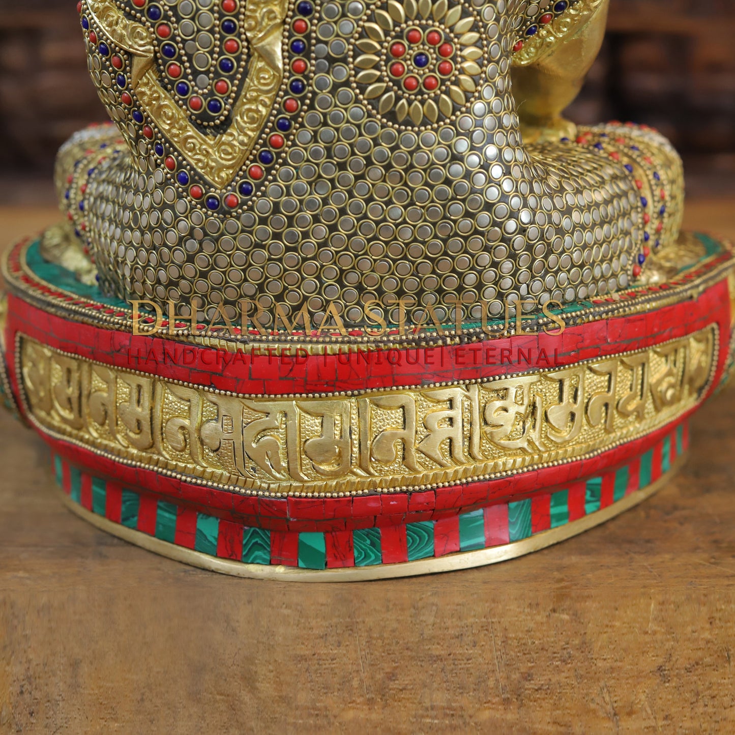Brass Buddha seated in Bhumisparsha Mudra, Golden & Stonework, 16.5"