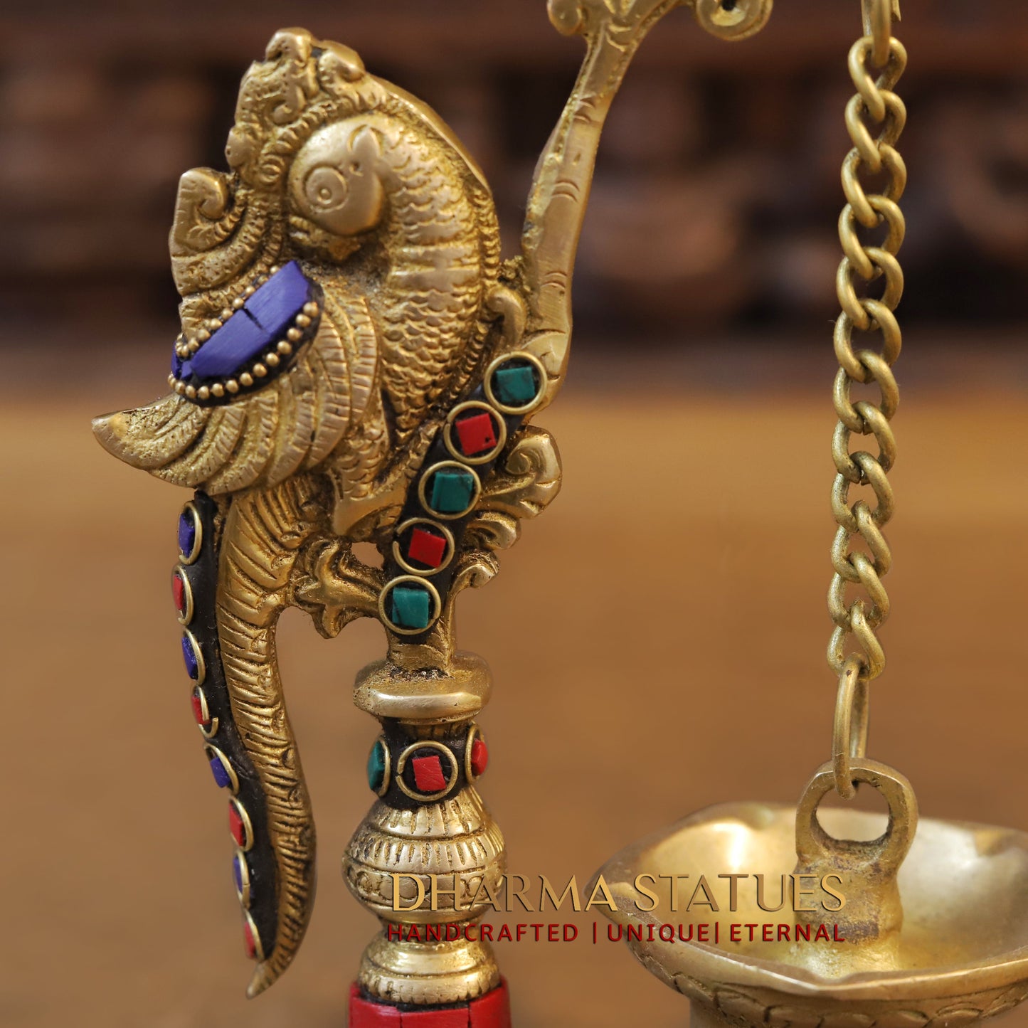 Brass Parrot Lamp, Stonework & Golden Finish, 8.5"
