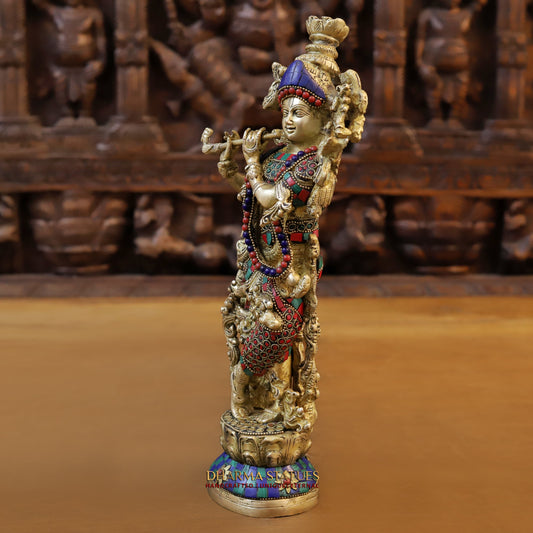 Brass Radha & Krishna Playing Flute, Stonework & Golden Finish, 14"