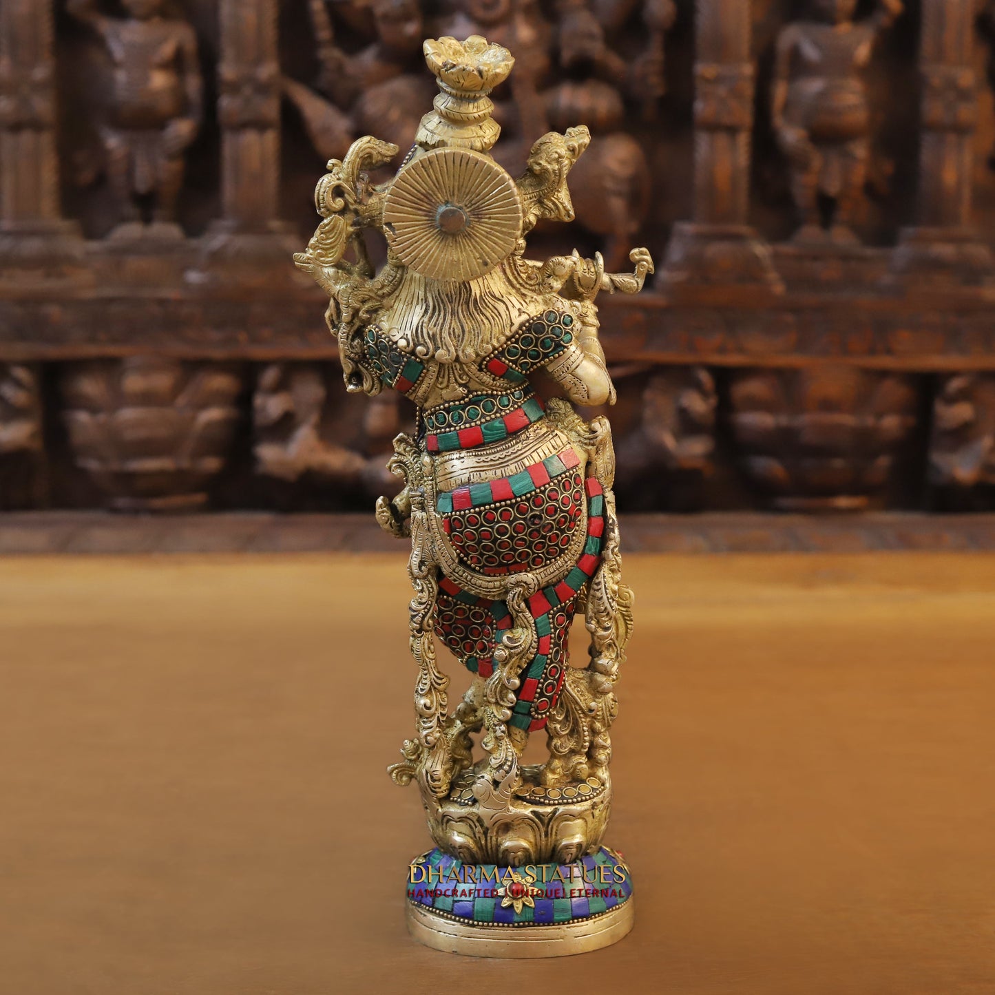 Brass Krishna Playing Flute, Stonework & Golden Finish, 14"