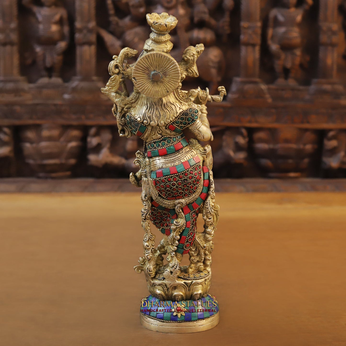 Brass Radha & Krishna Playing Flute, Stonework & Golden Finish, 14"