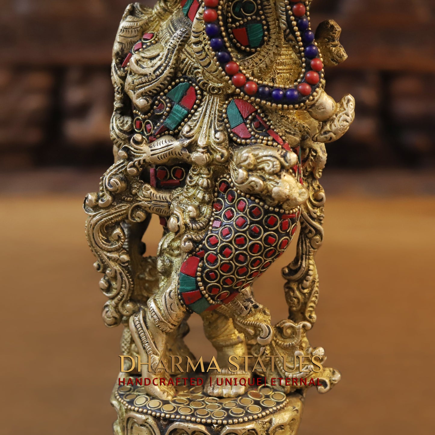 Brass Radha & Krishna Playing Flute, Stonework & Golden Finish, 14"