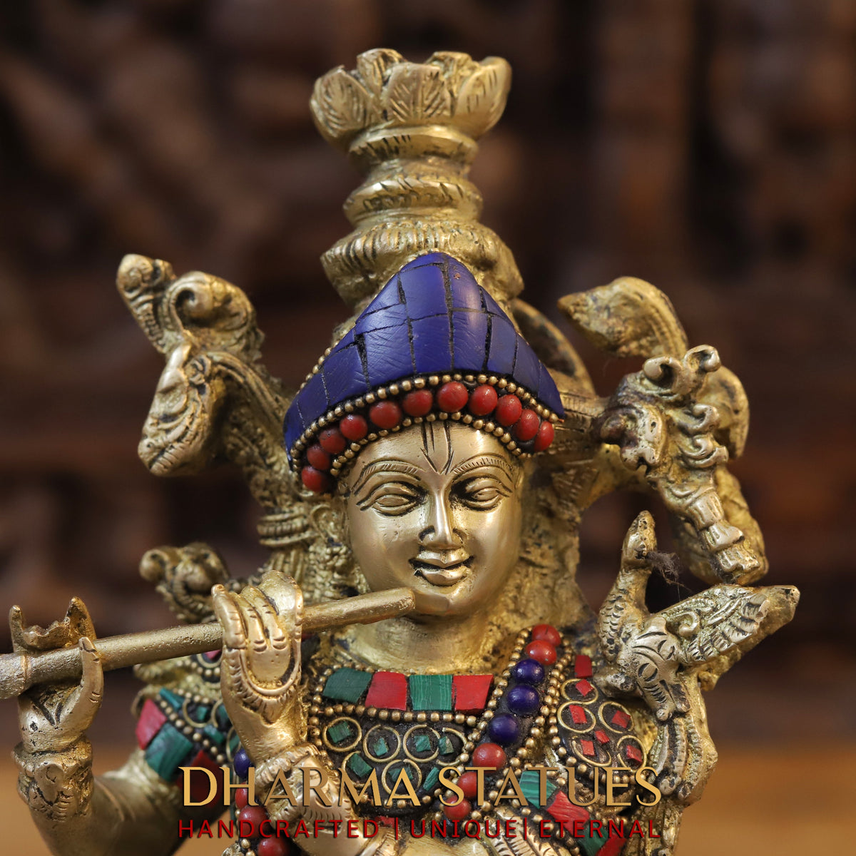 Brass Krishna Playing Flute, Stonework & Golden Finish, 14"