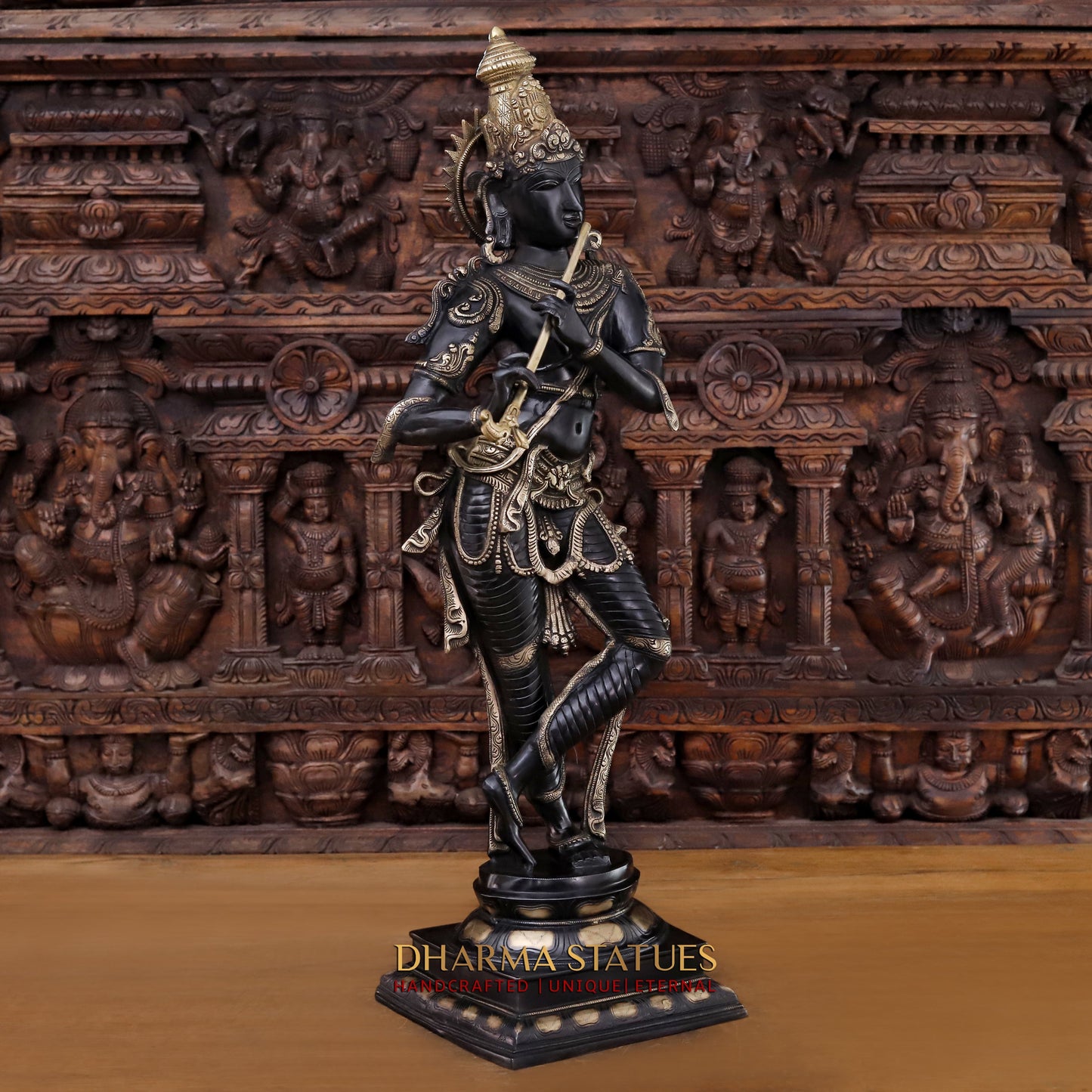 Brass Krishna playing Flute, Black patina & Golden Finish, 34"