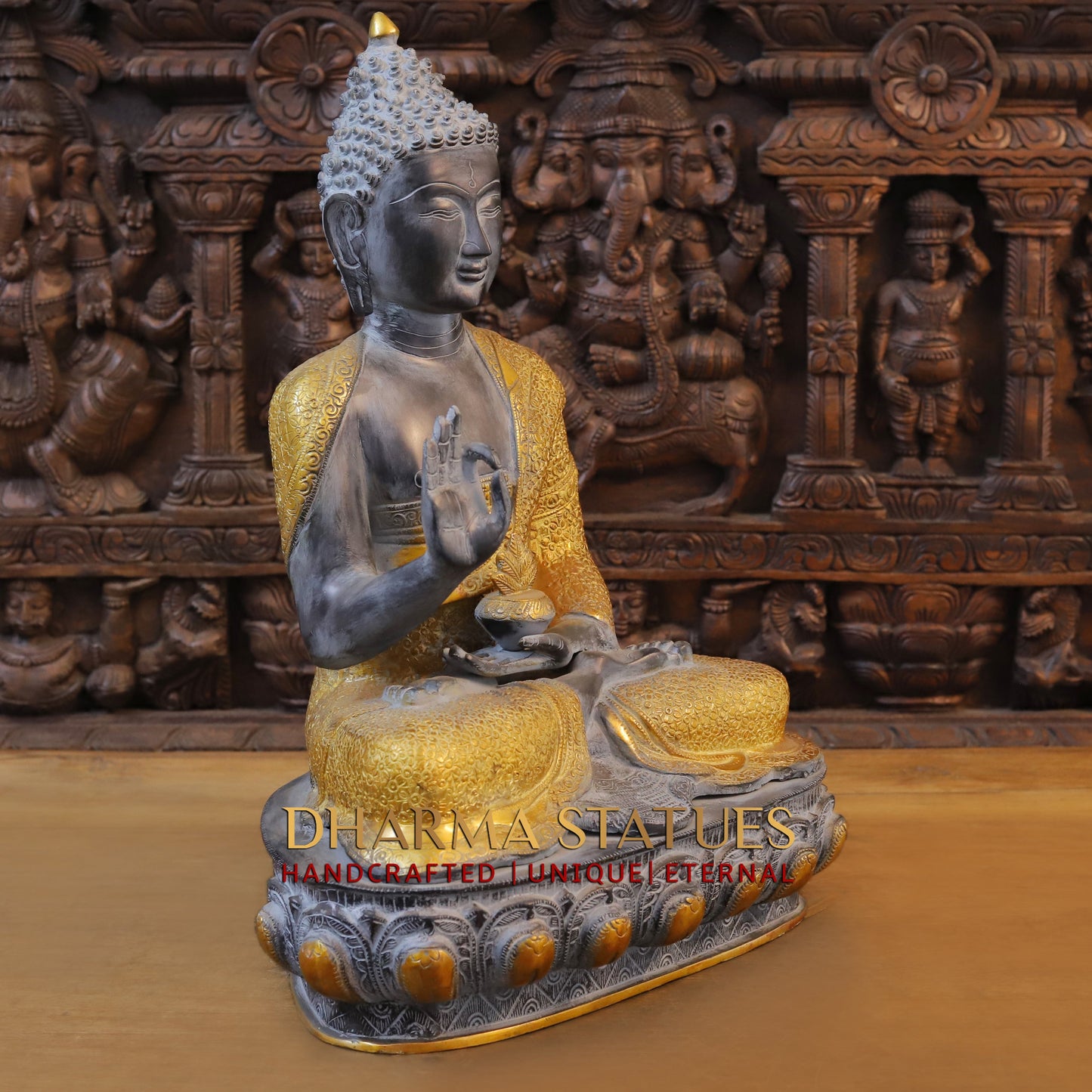 Brass Buddha seated in Blessing Posture, Black Patina & Golden Finish, 22"