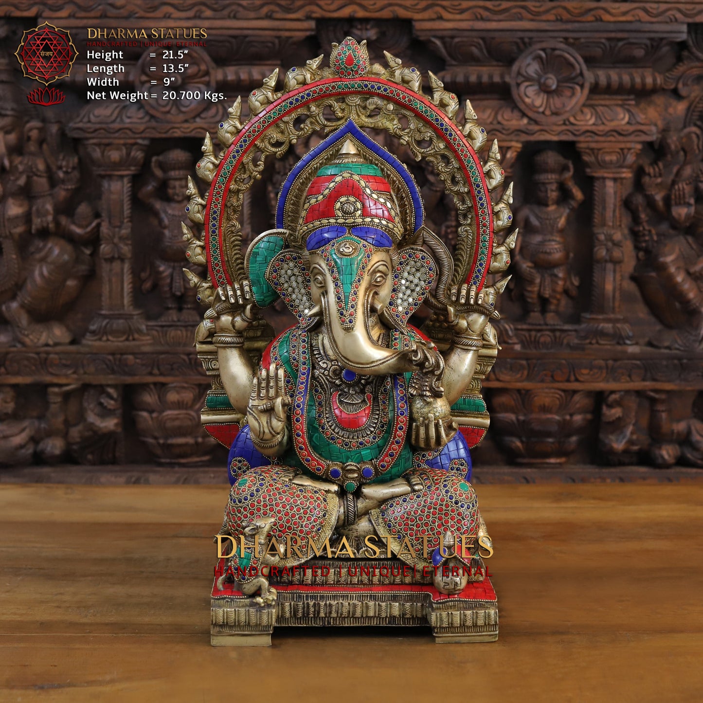 Brass Ganesh seated on Throne, Golden & Stonework, 21.5"