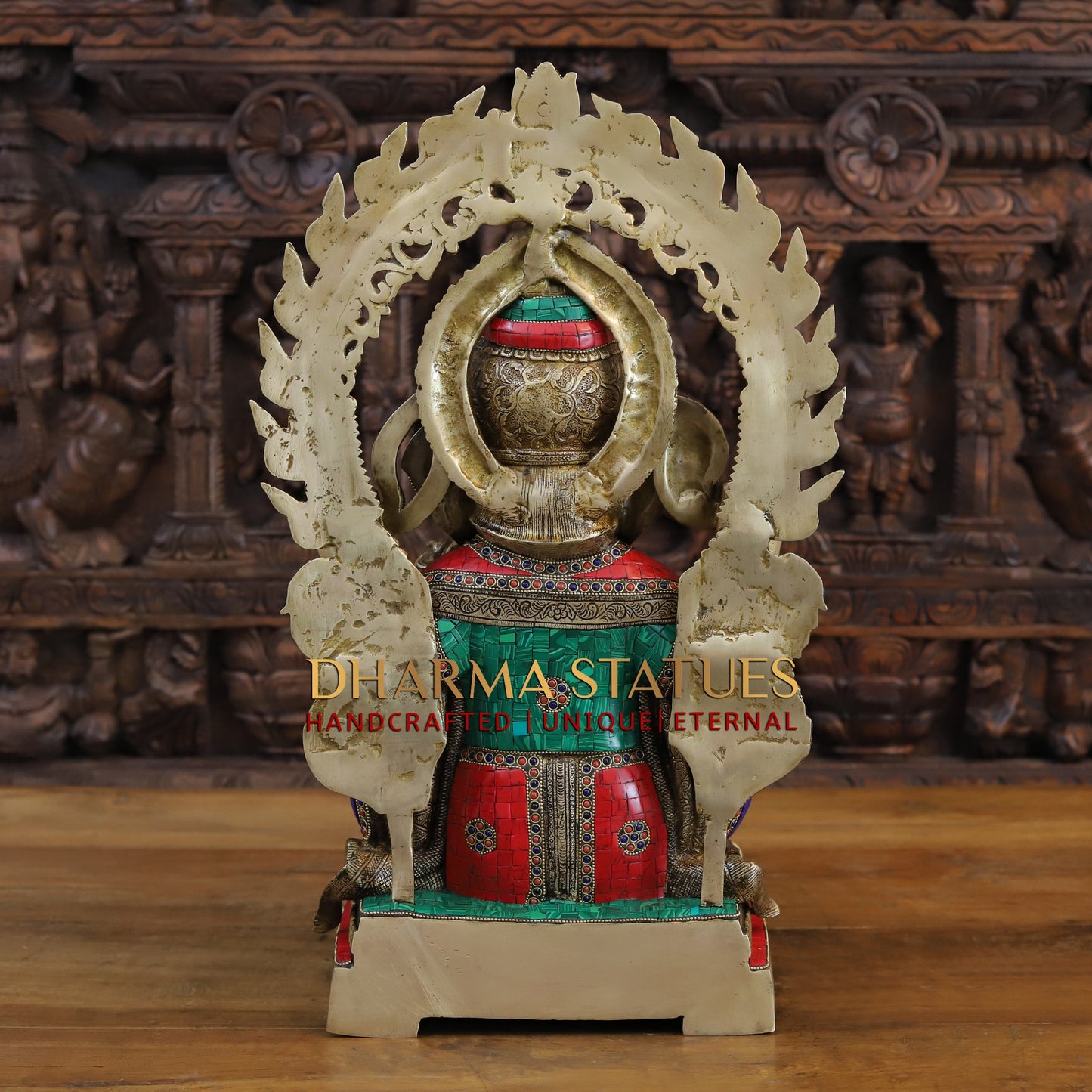 Brass Ganesh seated on Throne, Golden & Stonework, 21.5"
