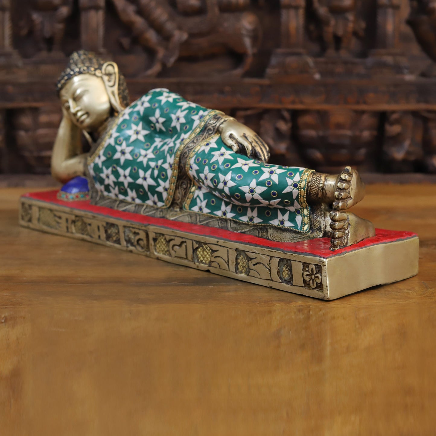 Brass Buddha in Resting Posture, Golden Finish & Stonework, 9.5"
