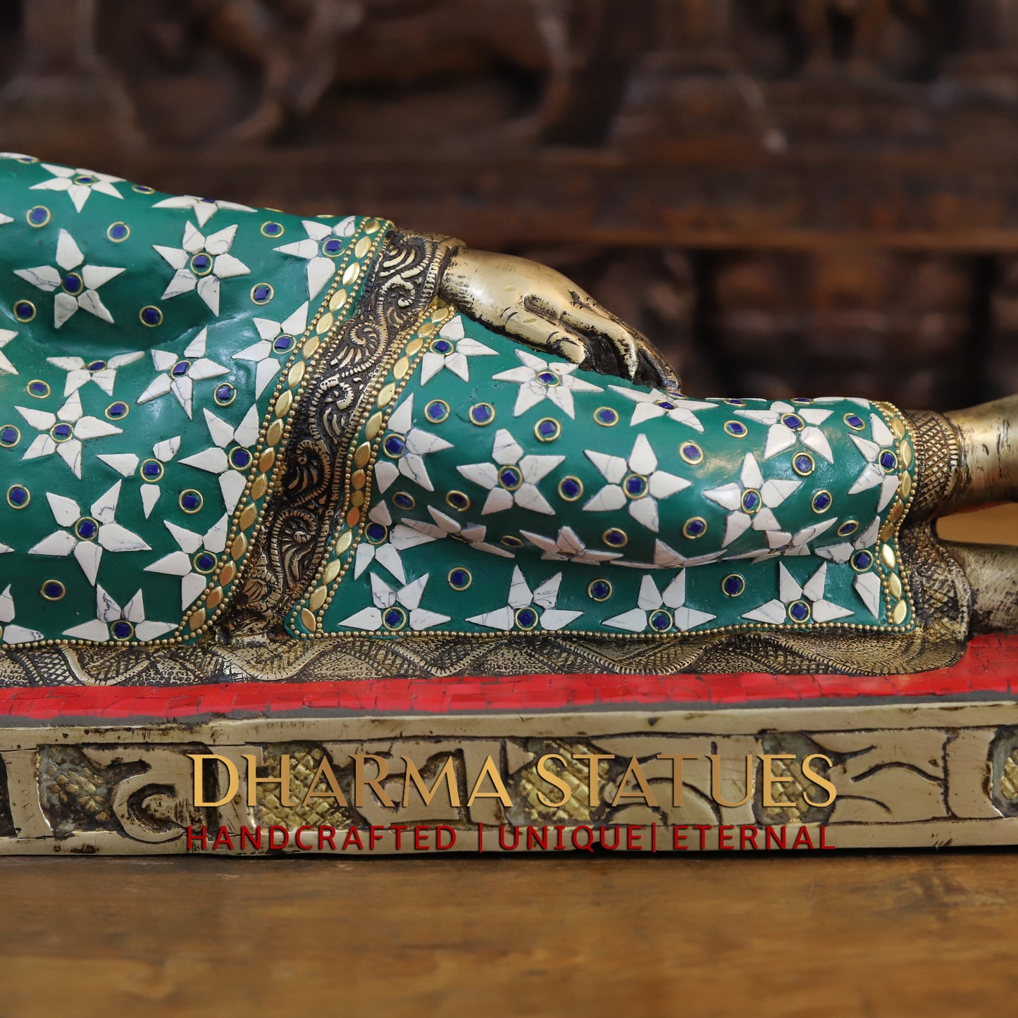 Brass Buddha in Resting Posture, Golden Finish & Stonework, 9.5"