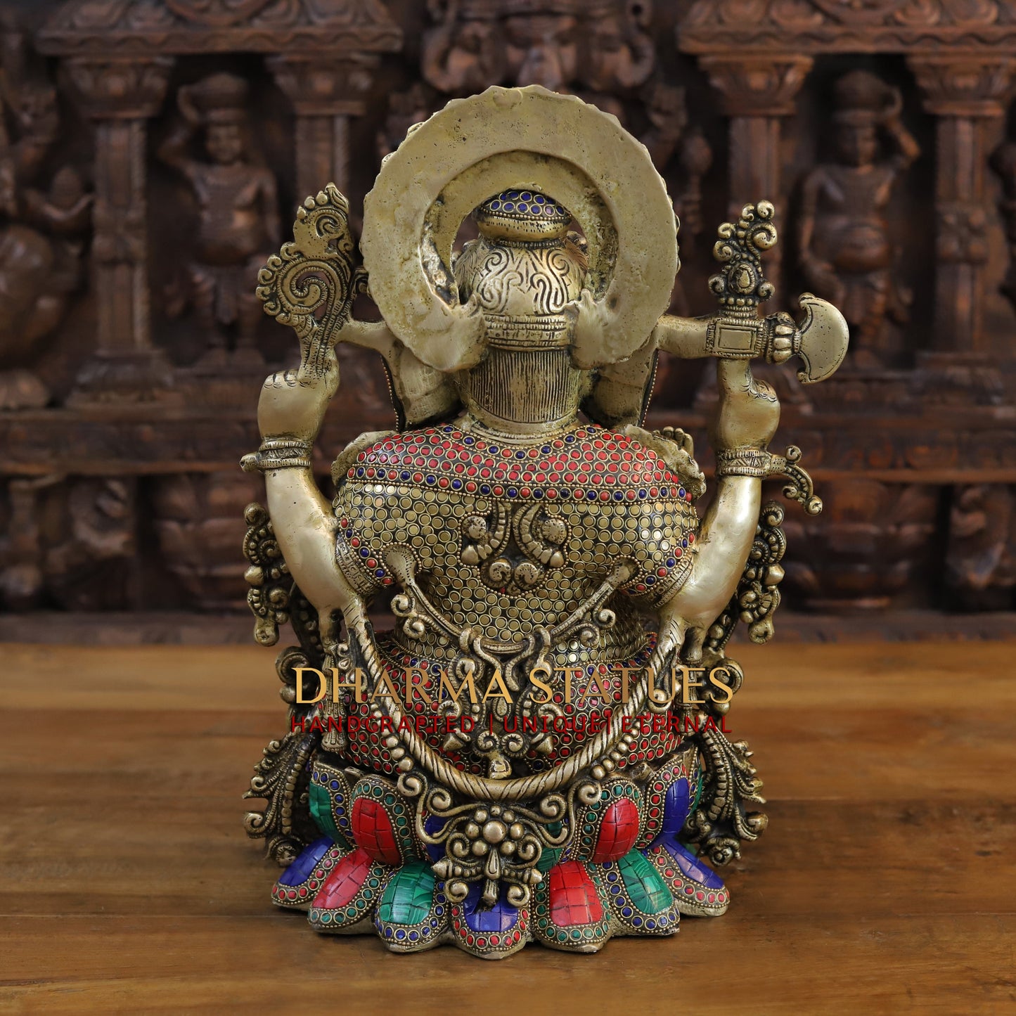 Brass Ganesh seated on Lotus, Blessing Posture, Golden & Stonework, 16"