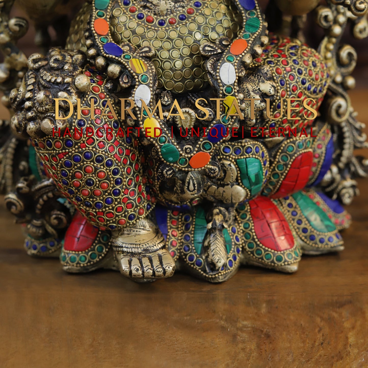 Brass Ganesh seated on Lotus, Blessing Posture, Golden & Stonework, 16"