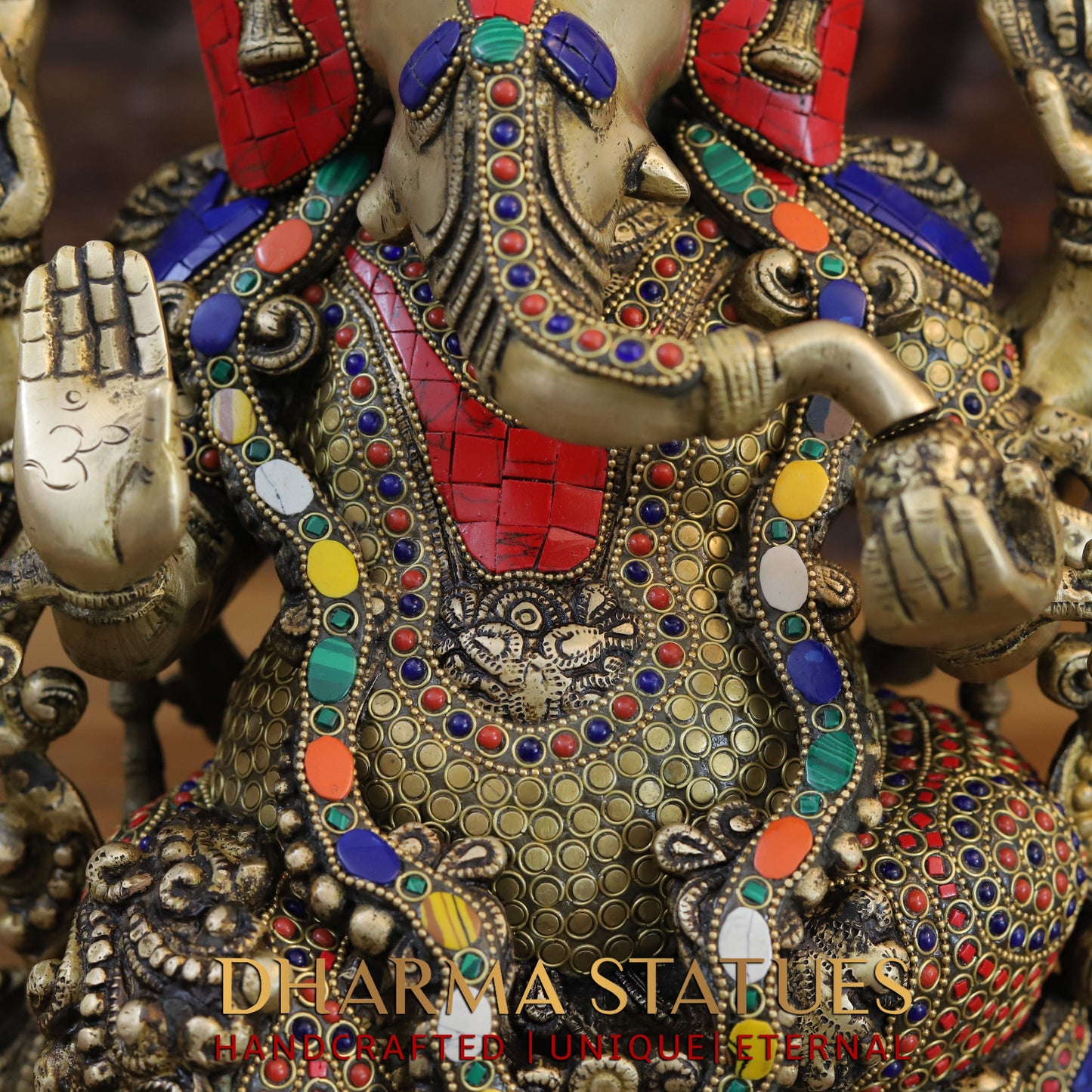 Brass Ganesh seated on Lotus, Blessing Posture, Golden & Stonework, 16"