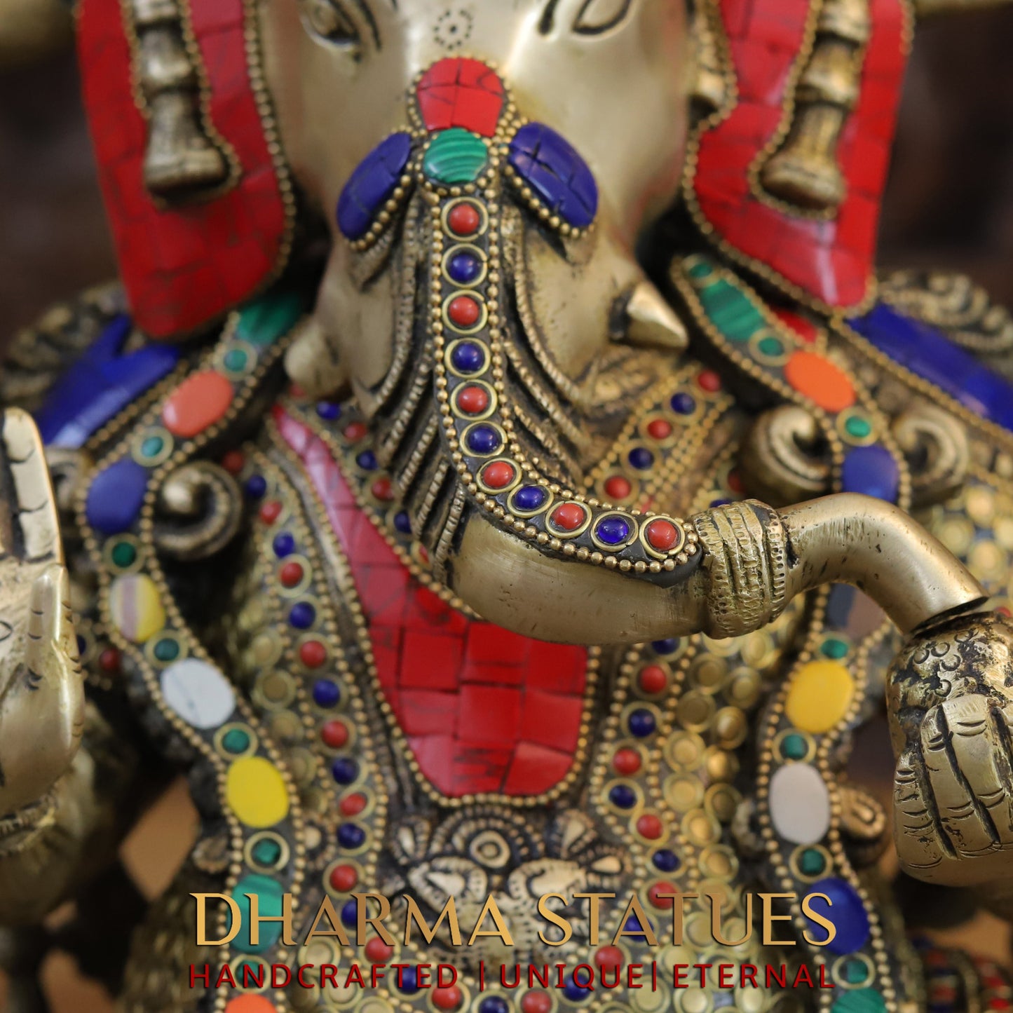 Brass Ganesh seated on Lotus, Blessing Posture, Golden & Stonework, 16"