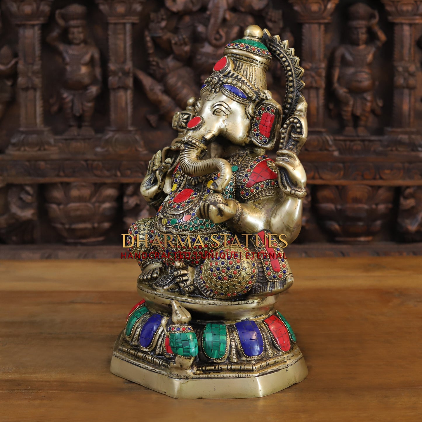 Brass Ganesh seated on Lotus, Golden & Stonework, 15.5"