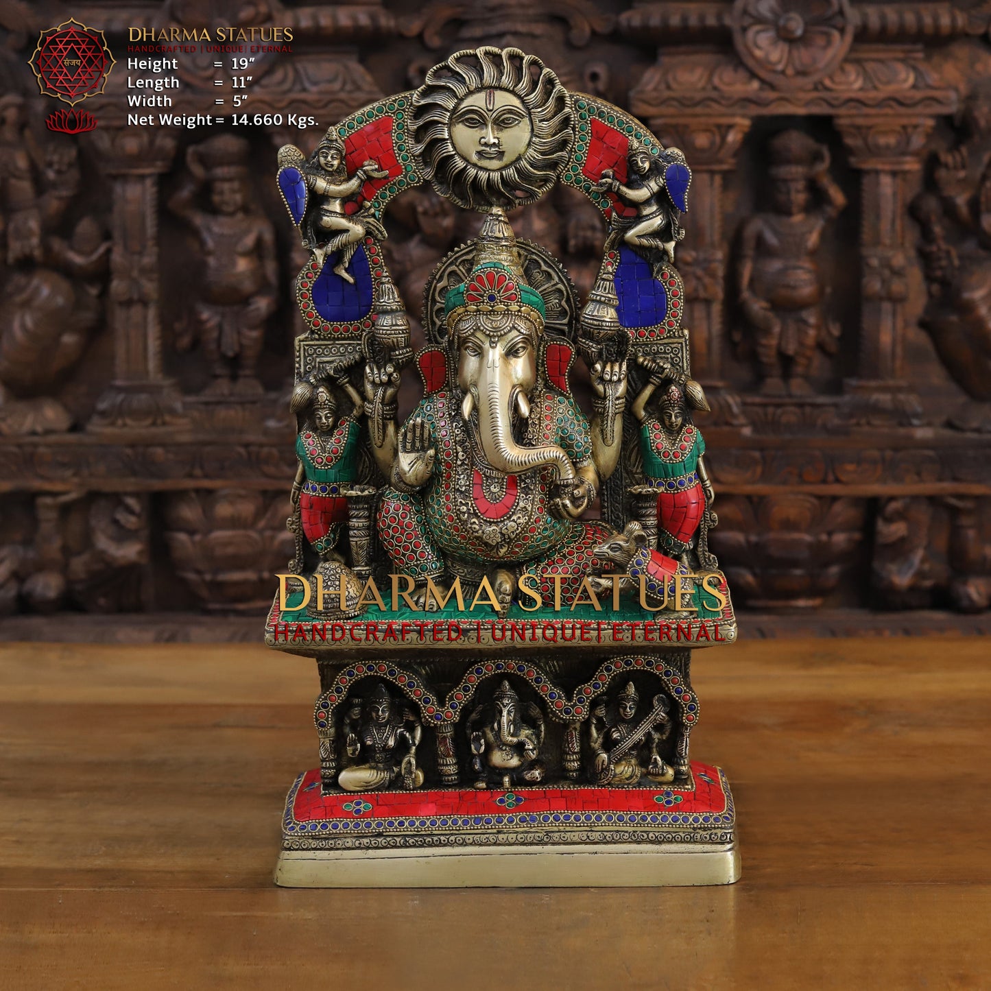Brass Ganesh seated in Temple, Blessing Posture, Golden & Stonework, 19"
