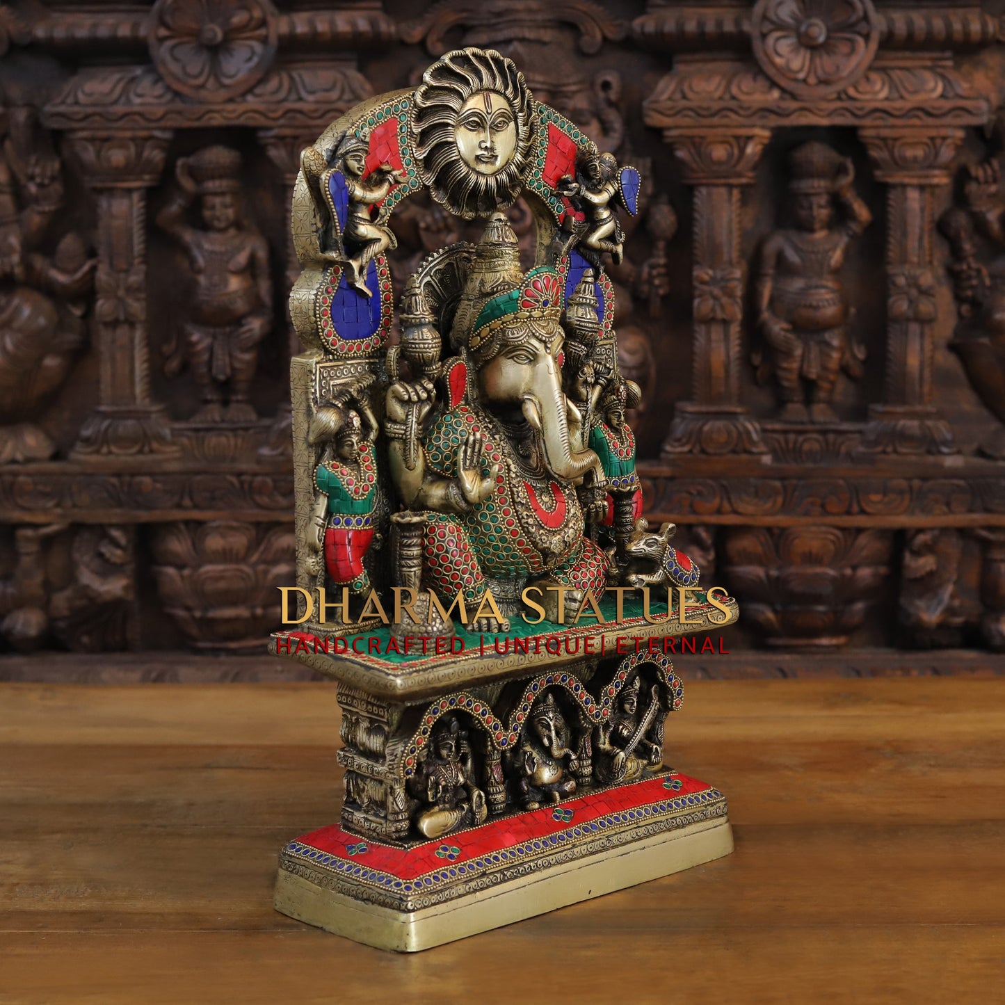 Brass Ganesh seated in Temple, Blessing Posture, Golden & Stonework, 19"