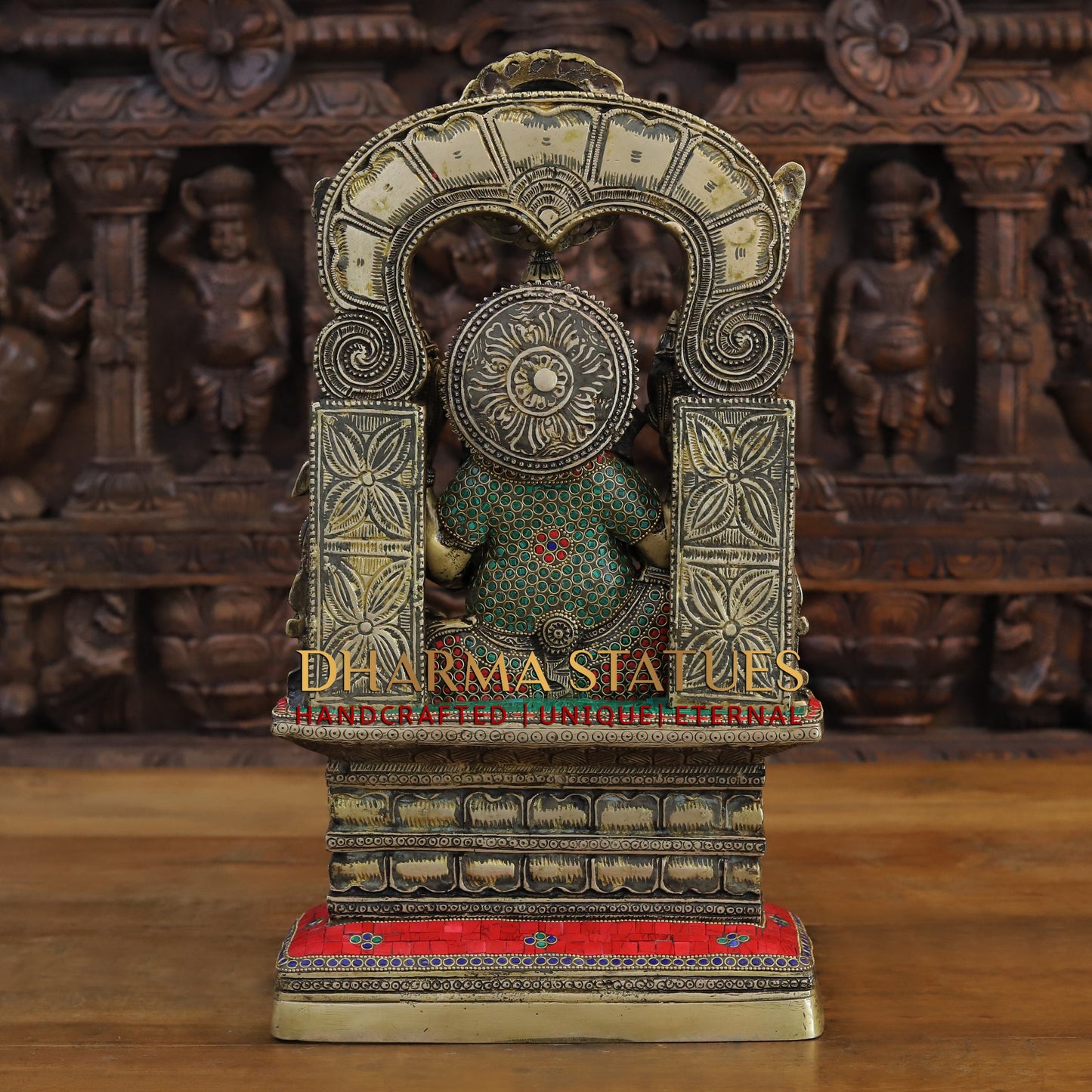 Brass Ganesh seated in Temple, Blessing Posture, Golden & Stonework, 19"