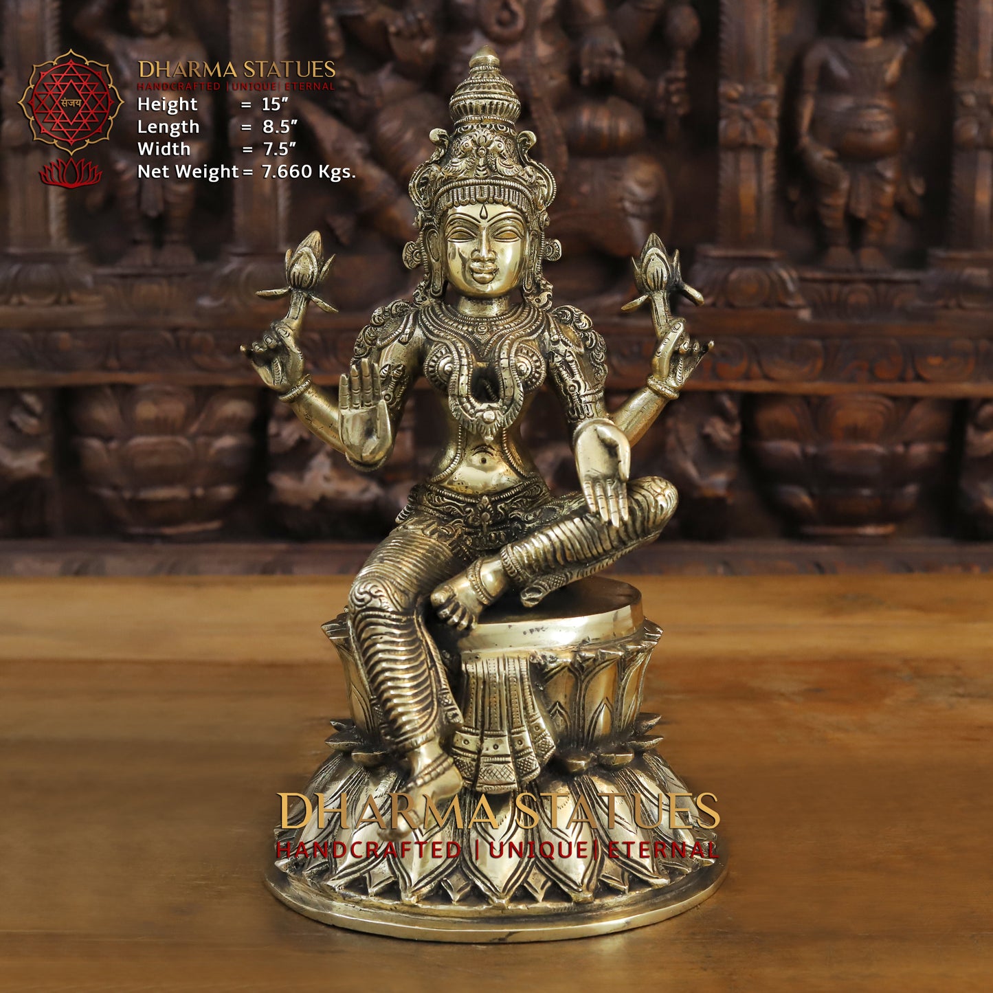 Brass Goddess Lakshmi Idol, Seated on a Lotus, Golden Fine Finish 15"