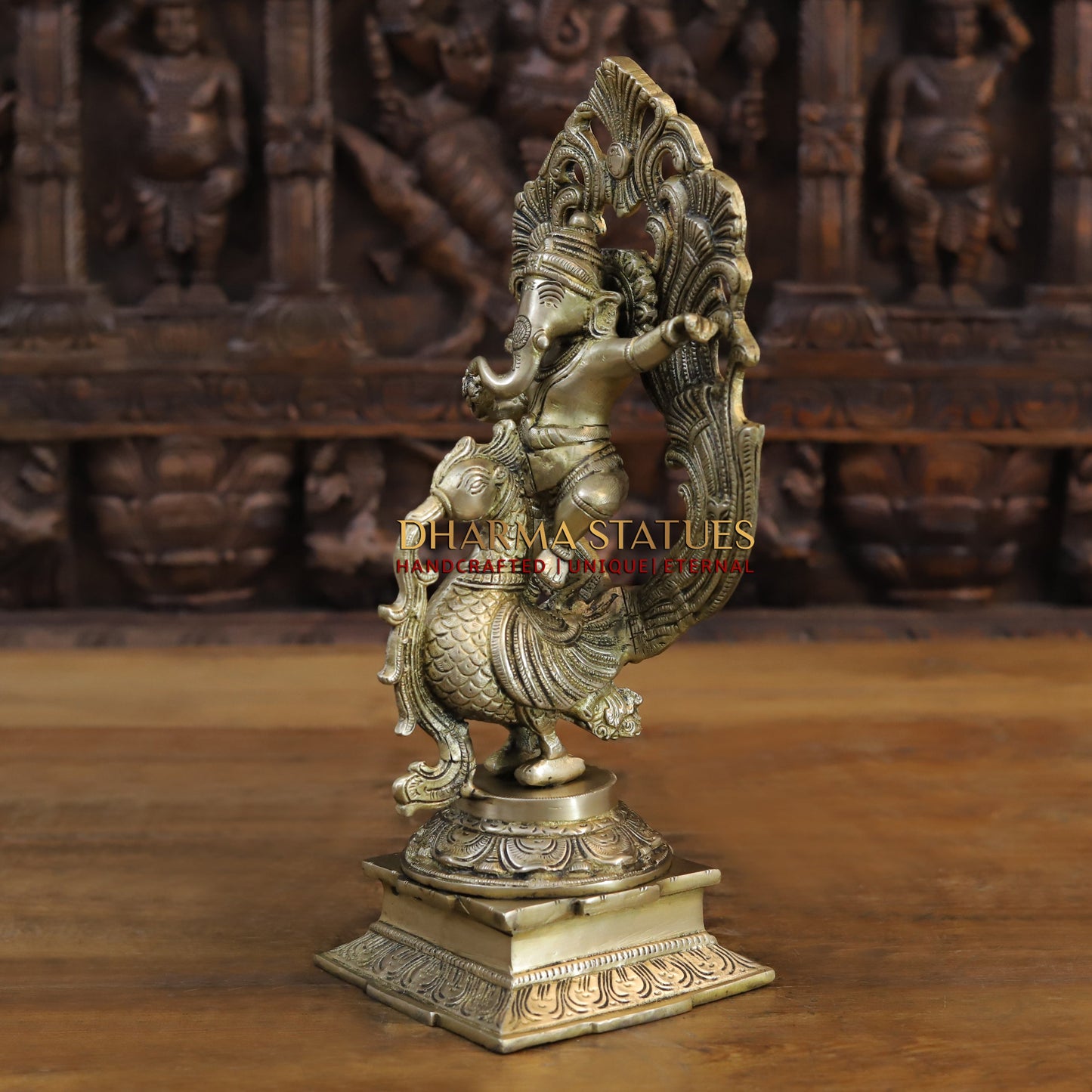 Brass Ganesh Dancing on Peacock, Fine Golden Finish 14"