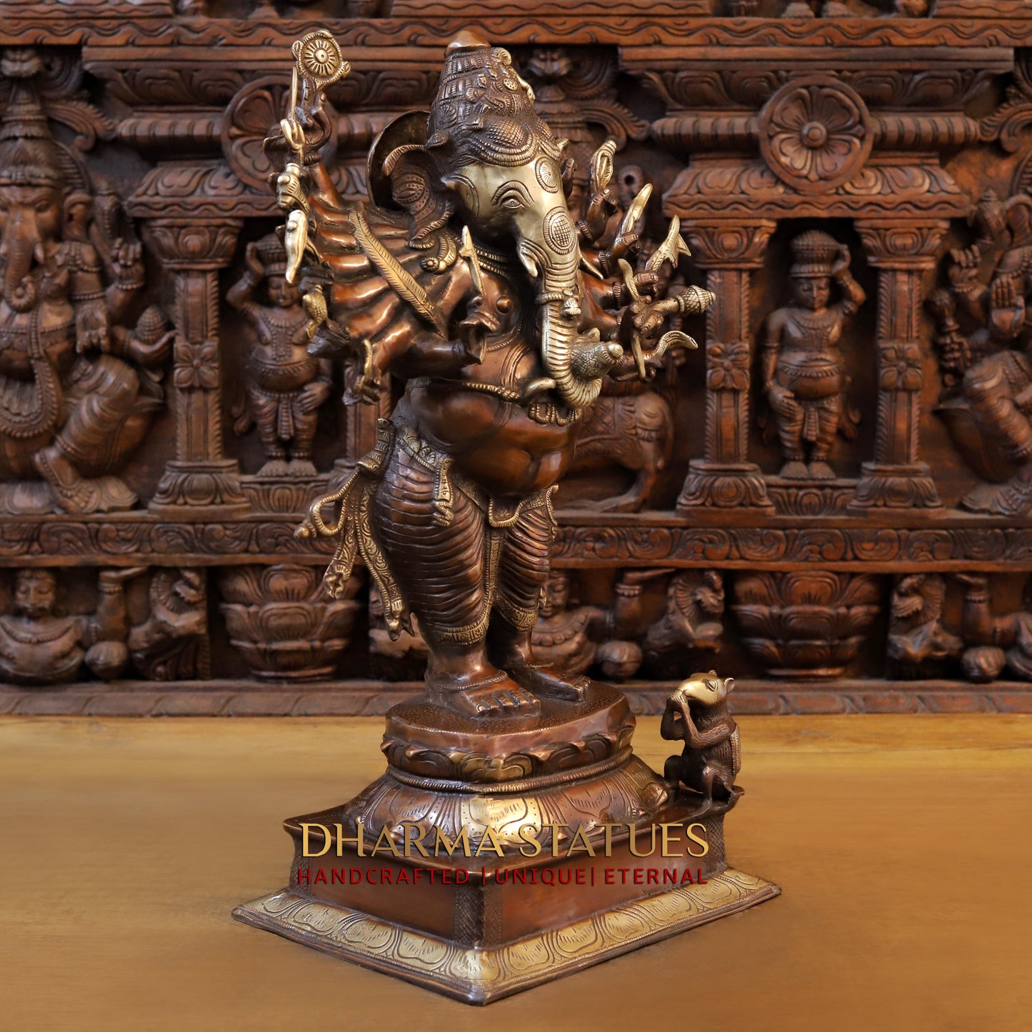 Brass Ganesh with Sixteen Armed, Copper & Golden Finish, 23"