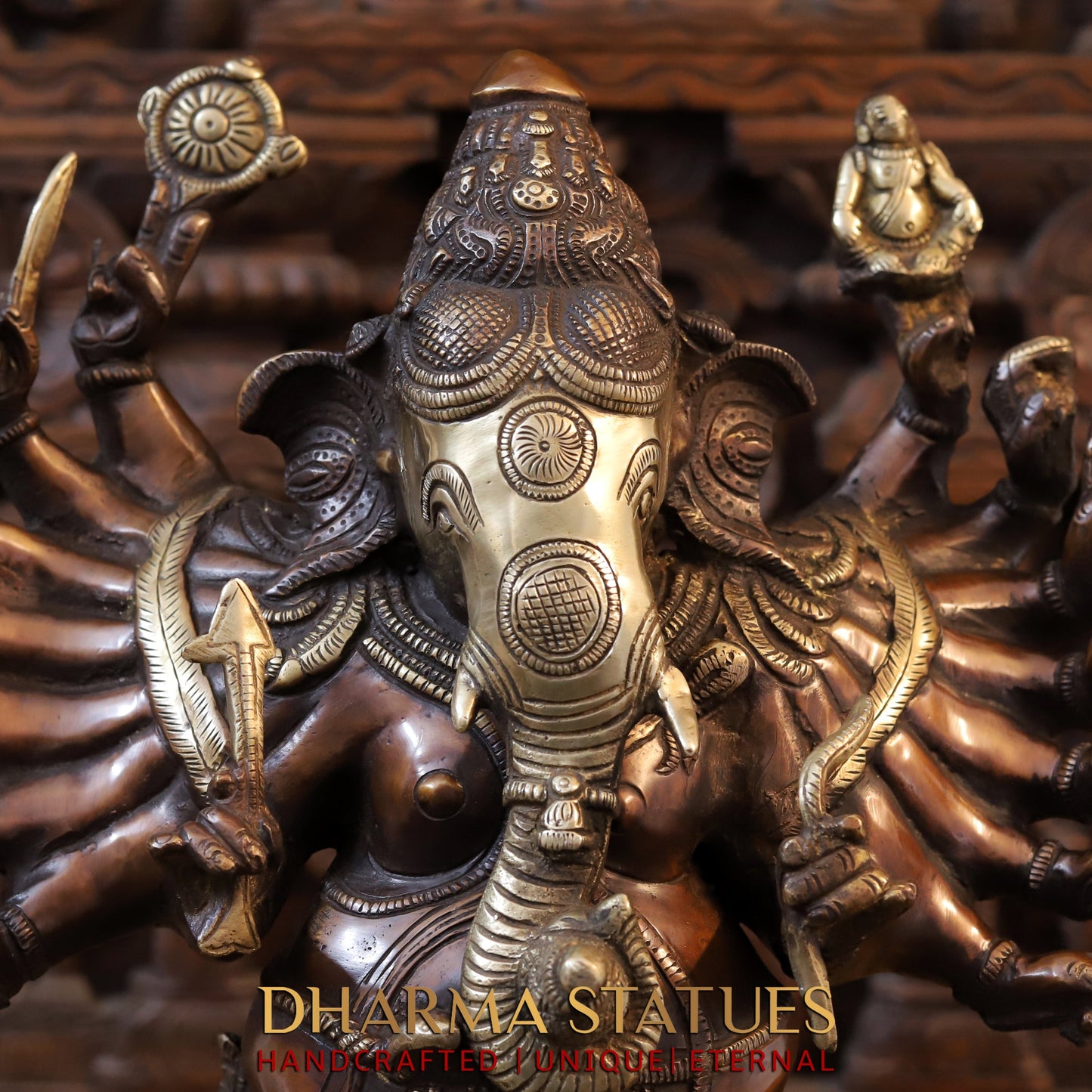 Brass Ganesh with Sixteen Armed, Copper & Golden Finish, 23"