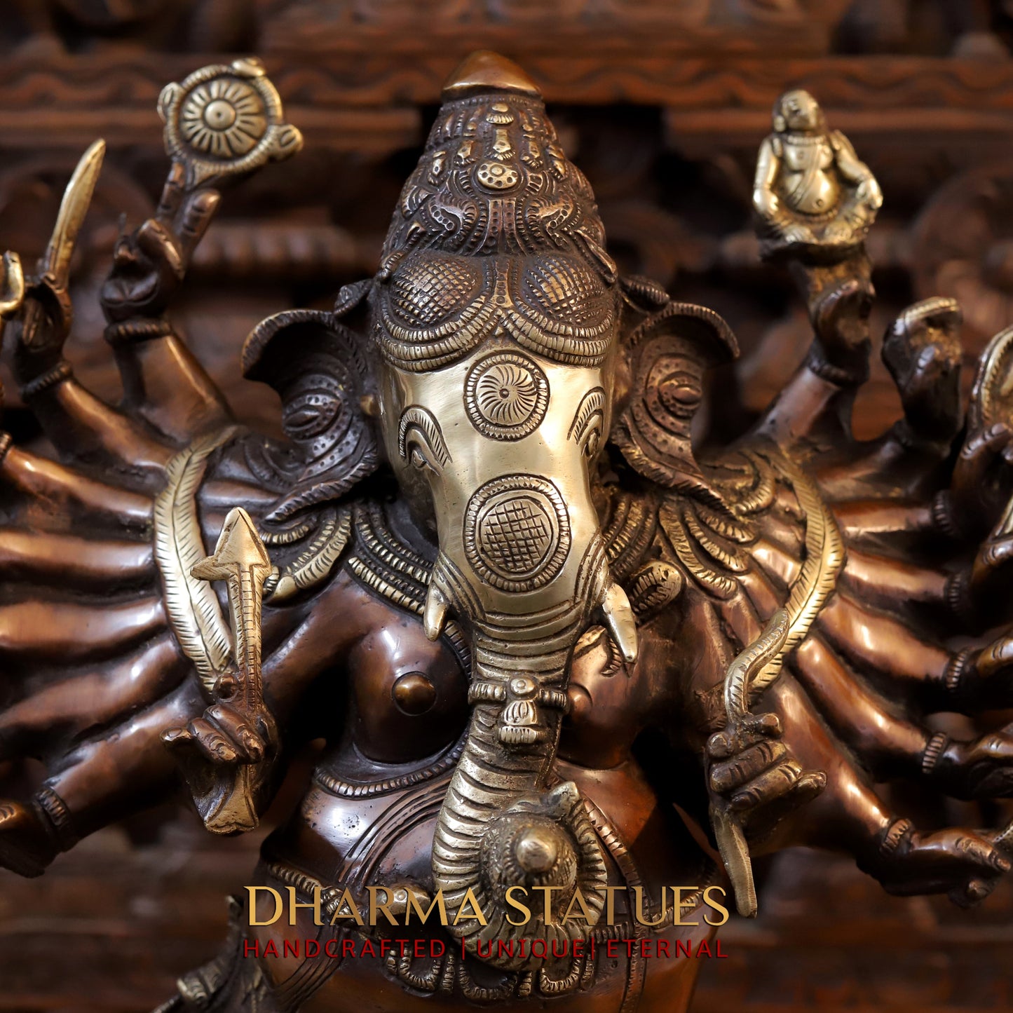 Brass Ganesh with Sixteen Armed, Copper & Golden Finish, 23"
