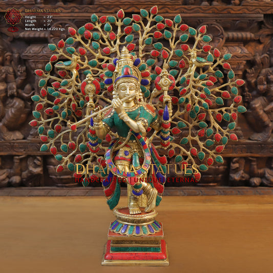 Brass Krishna Playing Flute with Tree, Golden & Stonework, 23"