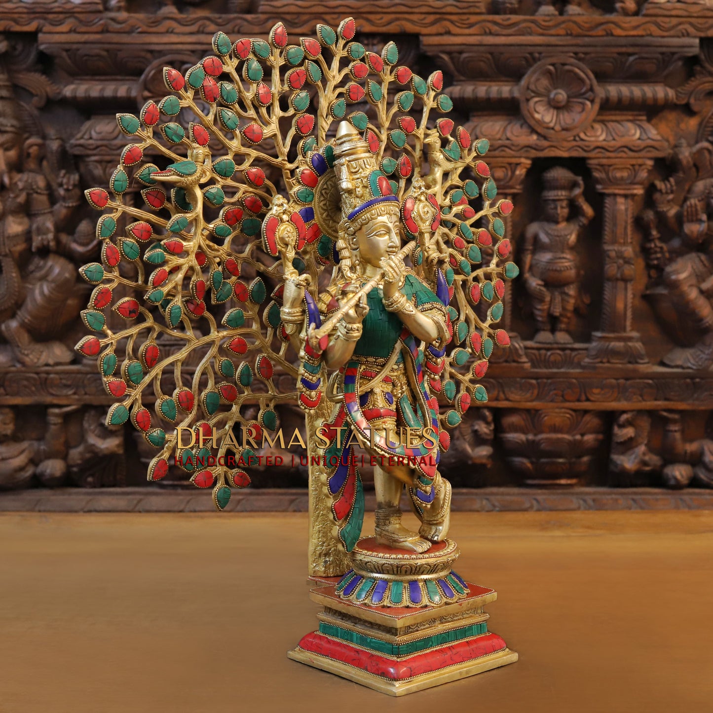 Brass Krishna Playing Flute with Tree, Golden & Stonework, 23"