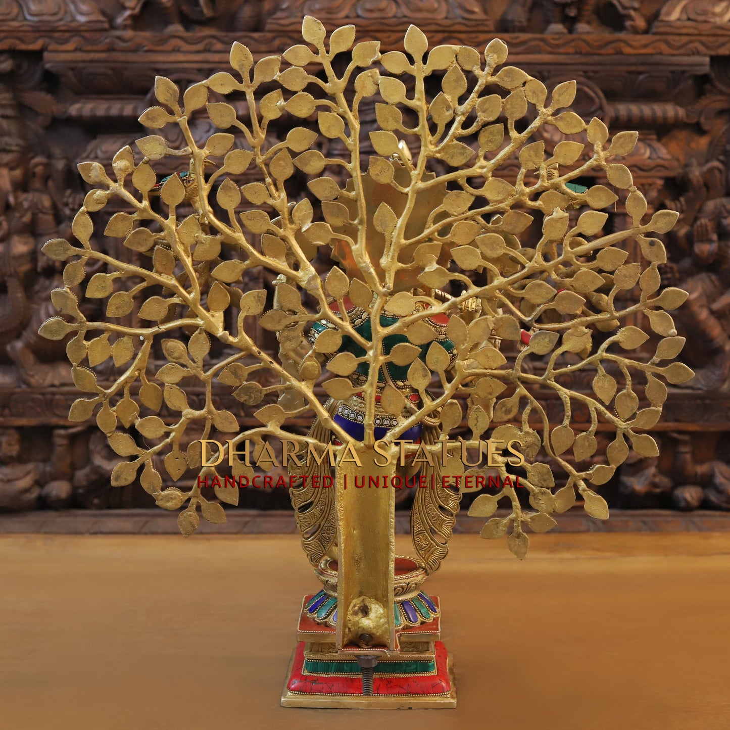 Brass Krishna Playing Flute with Tree, Golden & Stonework, 23"