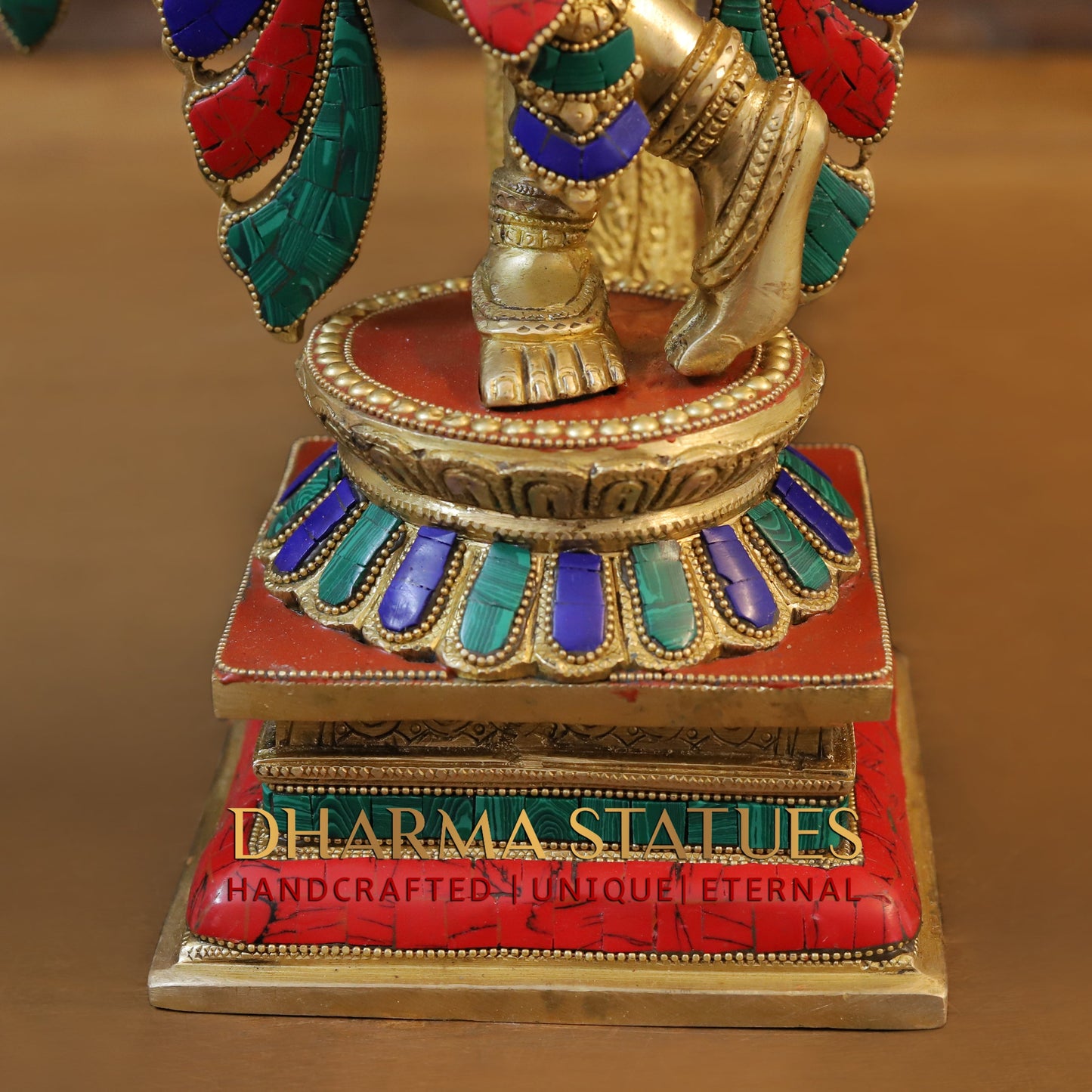 Brass Krishna Playing Flute with Tree, Golden & Stonework, 23"