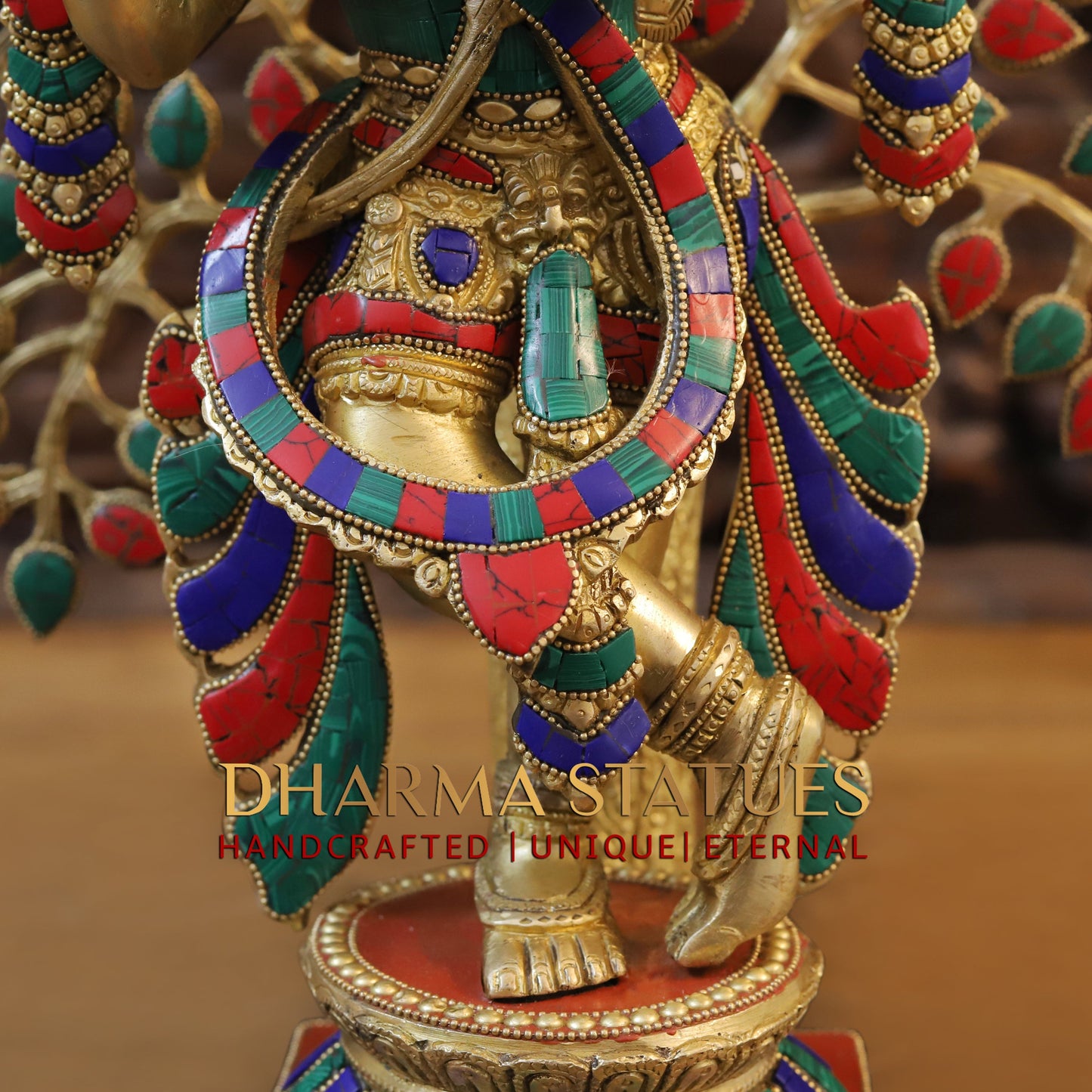 Brass Krishna Playing Flute with Tree, Golden & Stonework, 23"