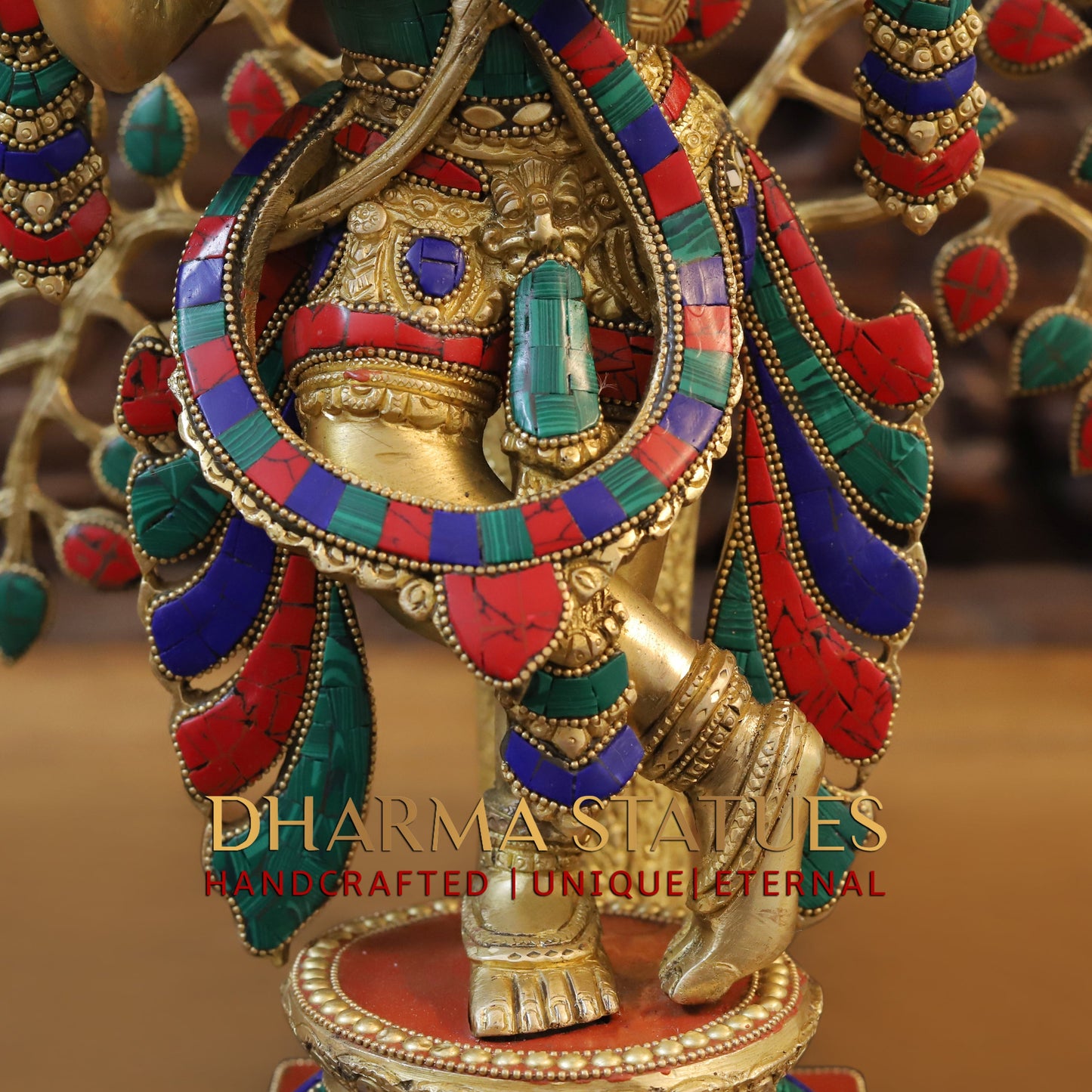 Brass Krishna Playing Flute with Tree, Golden & Stonework, 23"