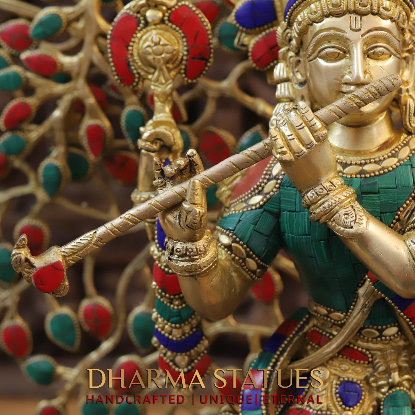 Brass Krishna Playing Flute with Tree, Golden & Stonework, 23"