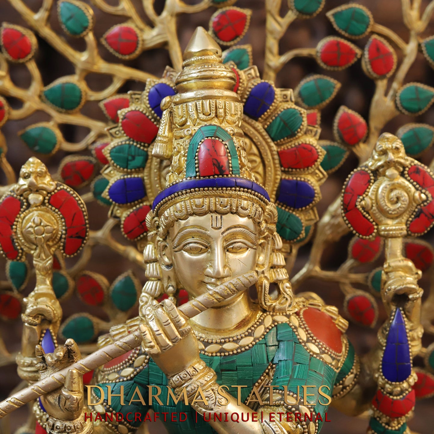 Brass Krishna Playing Flute with Tree, Golden & Stonework, 23"