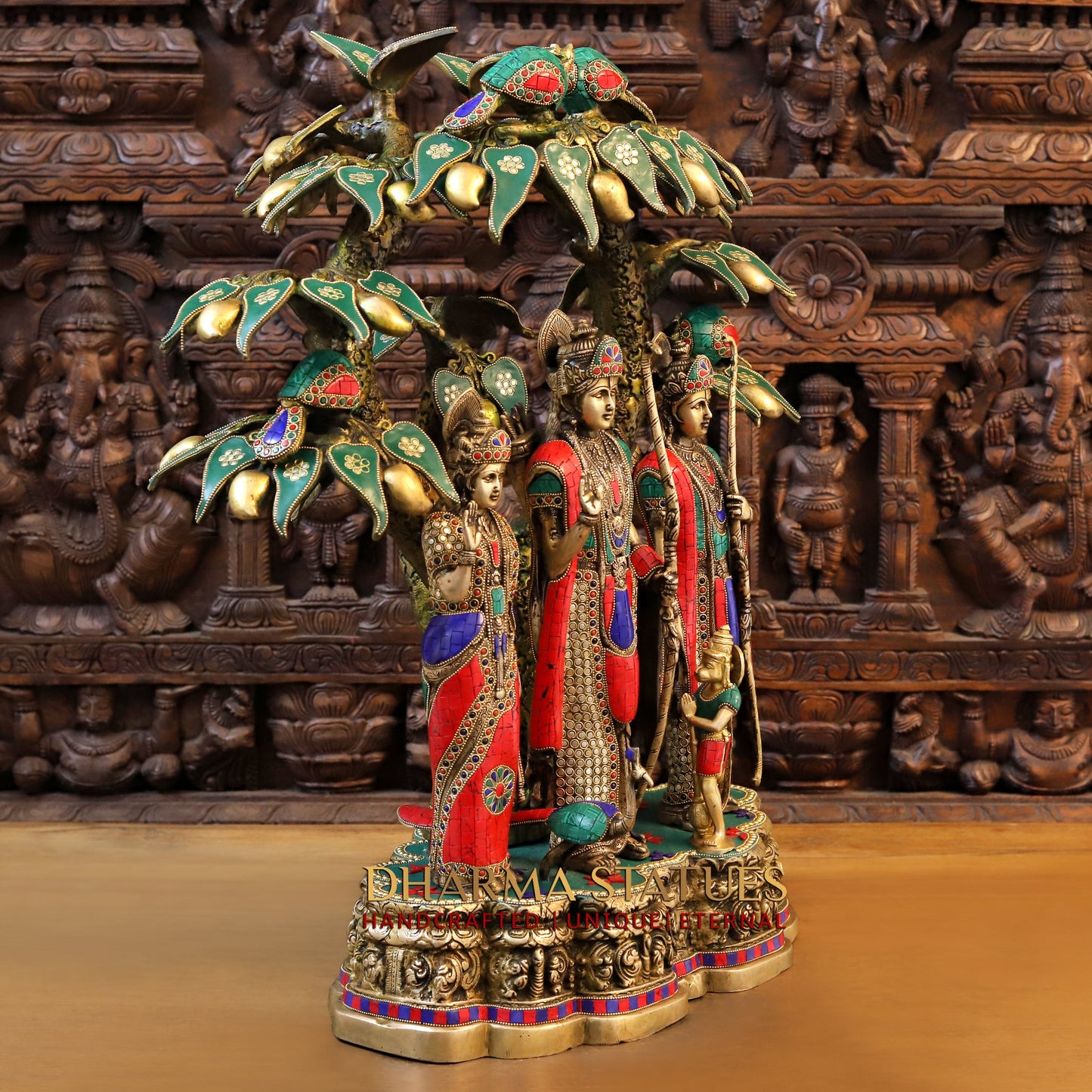Brass Ram Darbar with Tree, Golden & Stonework, 29"