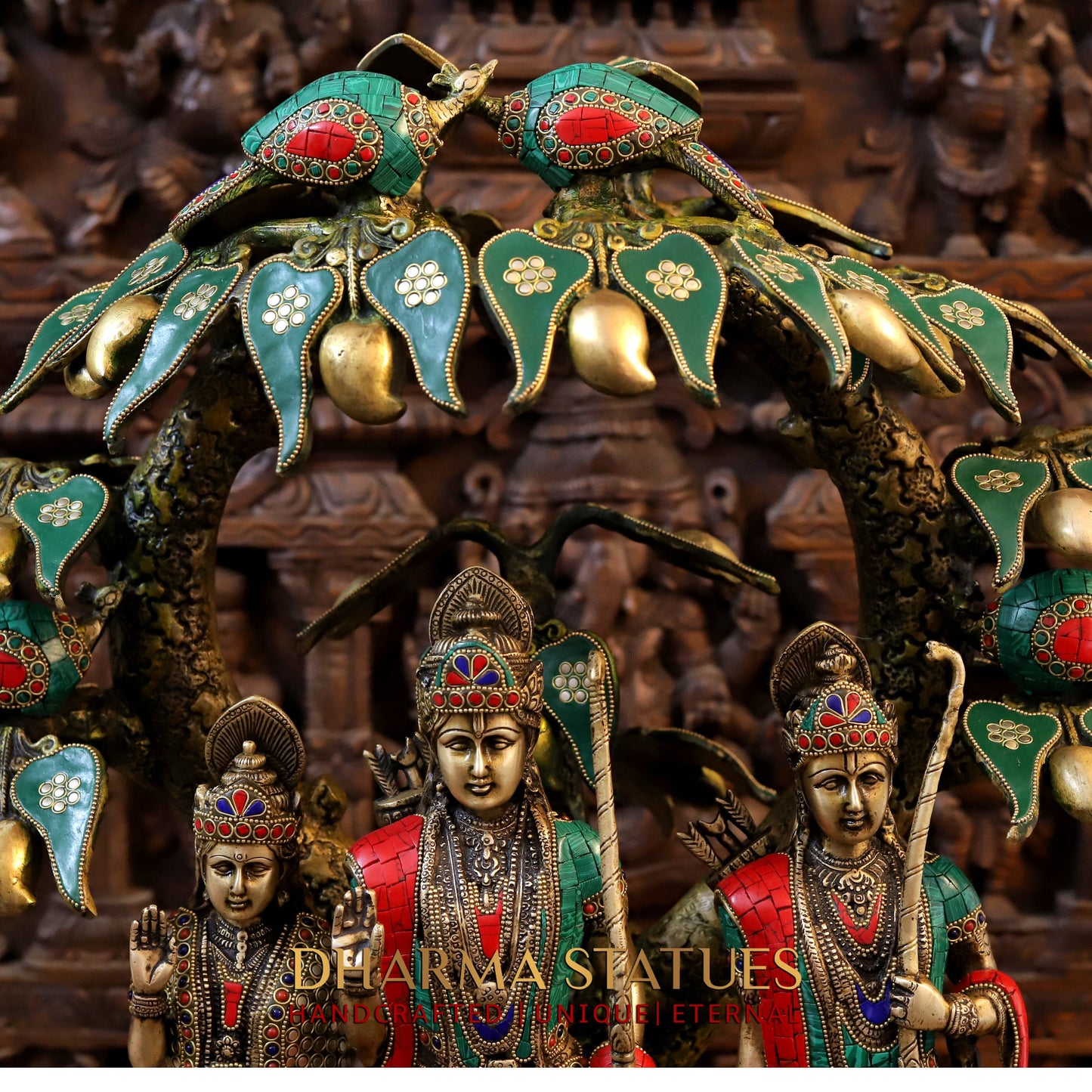 Brass Ram Darbar with Tree, Golden & Stonework, 29"