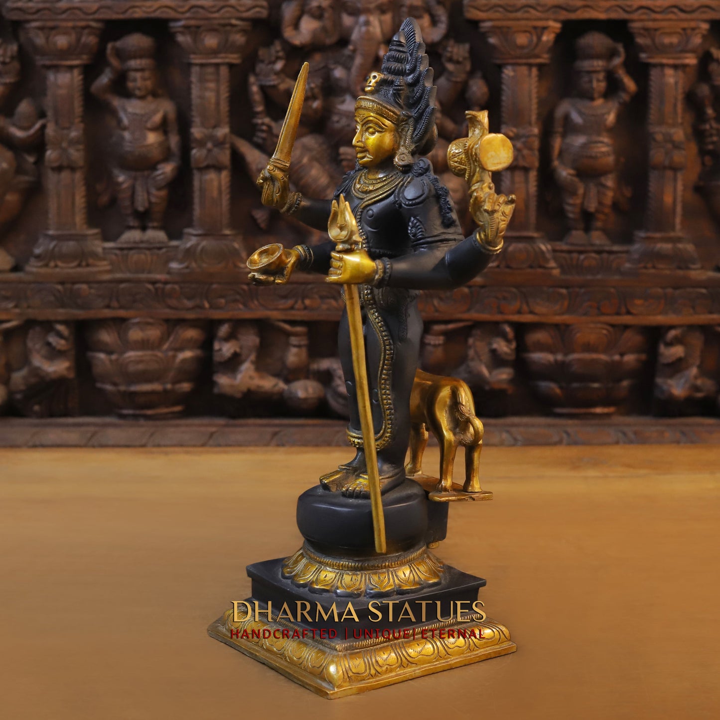 Brass Shiva Standing Four Armed, Black Patina & Golden Finish, 17.5"