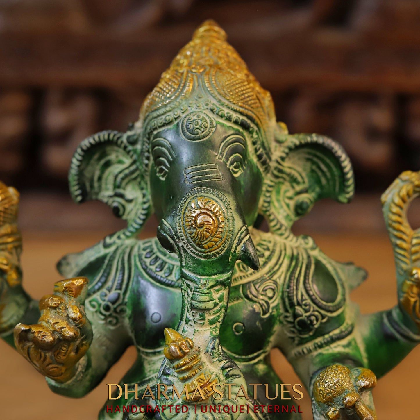 Brass Ganesh seated on Pedestal, Green Patina & Golden Finish, 11"